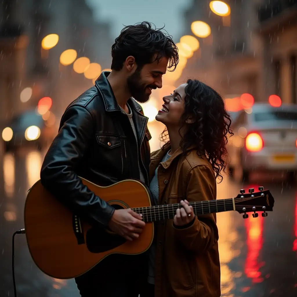 In the soft continuous rain, a couple stands on the city street, closely embracing, with a deep affection in their eyes. The man holds a guitar, and the woman smiles, gently closing her eyes as she softly sings. The lights flicker around them, and the raindrops on the road reflect warm glimmers of light, filling the air with a romantic atmosphere. Damp from the rain, their clothes cling to their bodies, but they are completely immersed in their own world, seemingly forgetting everything around them. The whole scene is filled with warmth and romance.