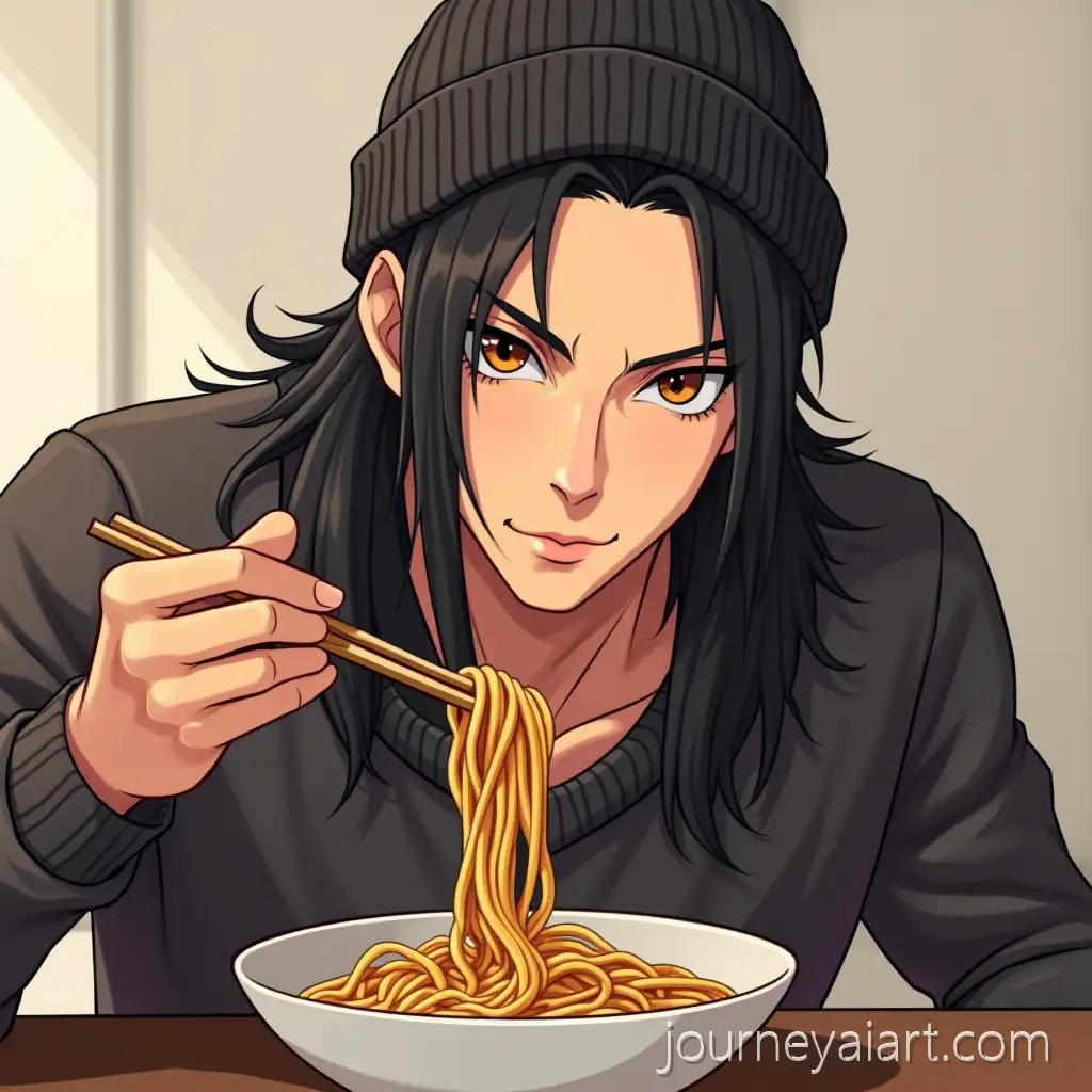 Stylish-Male-Character-with-Long-Hair-Eating-Noodles-at-Table