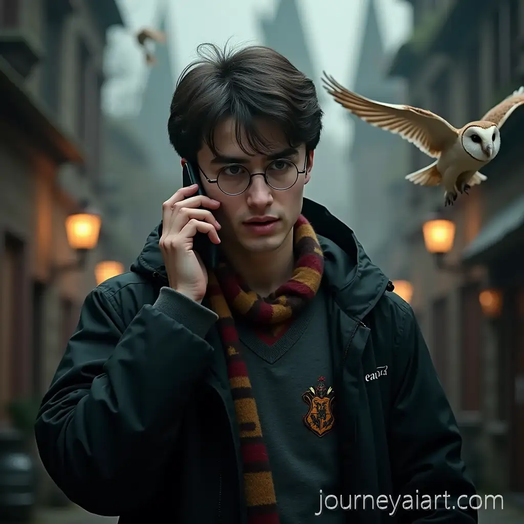 Harry-Potter-Speaking-on-Mobile-PhoneHarry-Potter-phone-scene-with-Hogwarts-and-Flying-Owls-in-the-Background