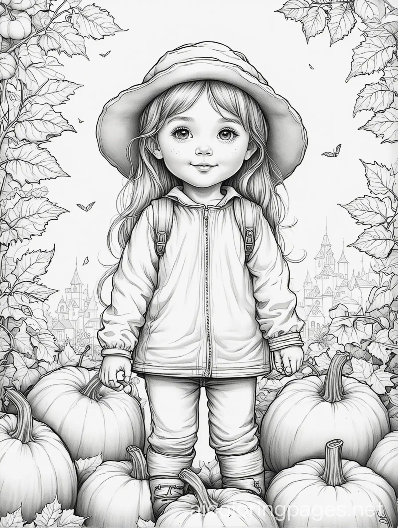 Charming-Line-Drawing-of-a-Child-with-Pumpkins-in-a-Fall-Setting