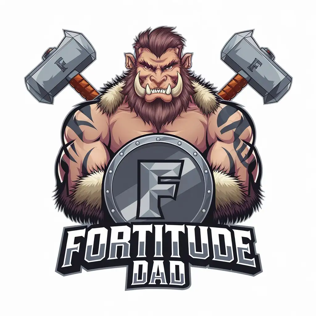 LOGO Design For Fortitude Dad Modern Mascot CartoonishFantasy Style with Muscular BeastLike Humanoid Character and Vibrant Colors