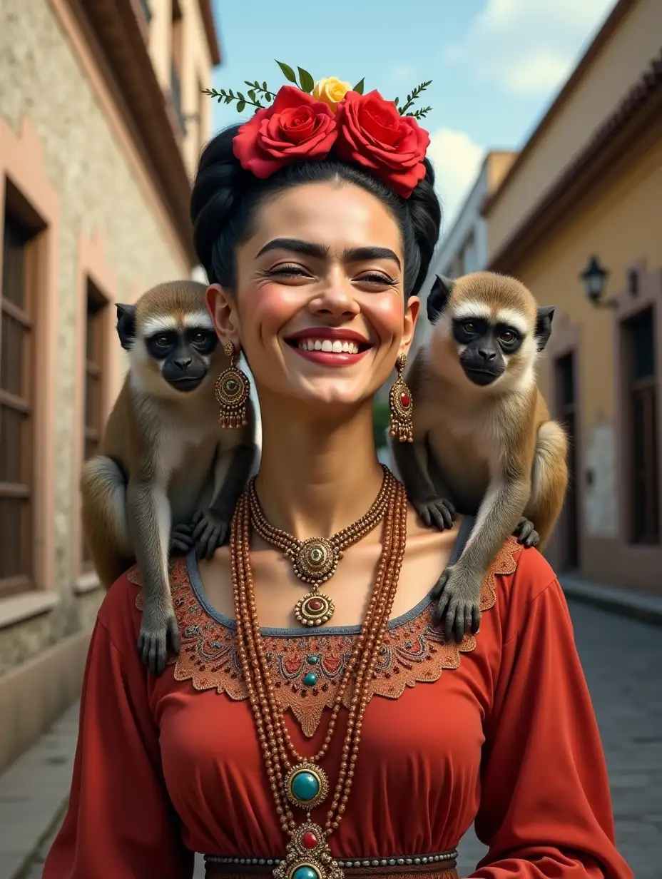 Frida Kahlo with two monkeys on her shoulder and a traditional Mexican dress, with a background of colonial architecture and a expression of joy