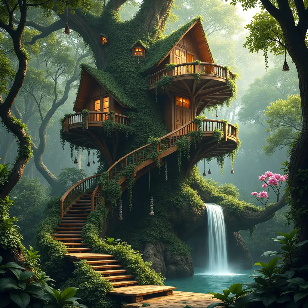 Create an image of a large and leafy treehouse with round stairs, many terraces, orchid hanging plants, a pond with waterfall, and photo-realistic attention to detail in parts and lighting.