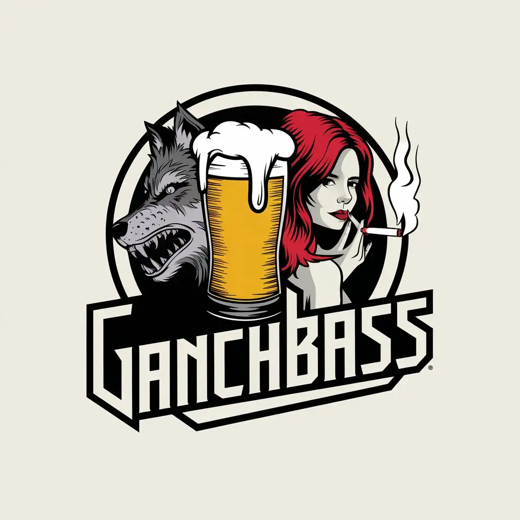 LOGO-Design-for-GanchBASS-Beer-Wolf-Girl-Cigarette-Theme-with-a-Clear-Background