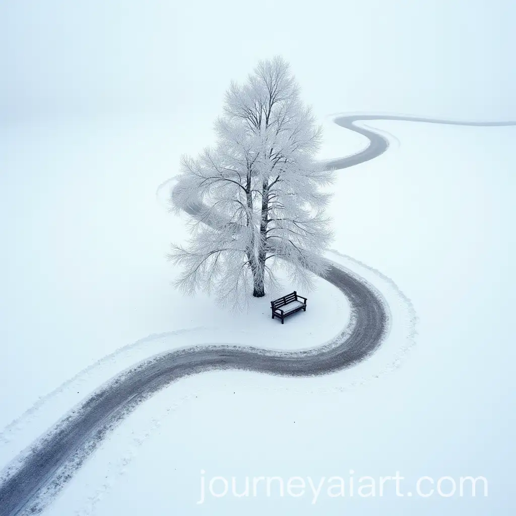 Snowy-Path-Leading-to-Tree-with-Seating-Area-in-Foggy-Winter-Landscape