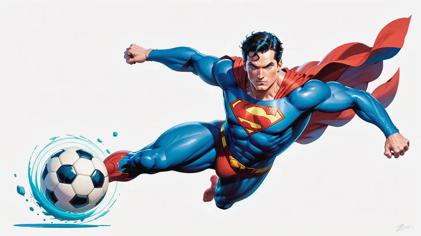 Superman Illustration Attacking Soccer Ball in Blue Costume