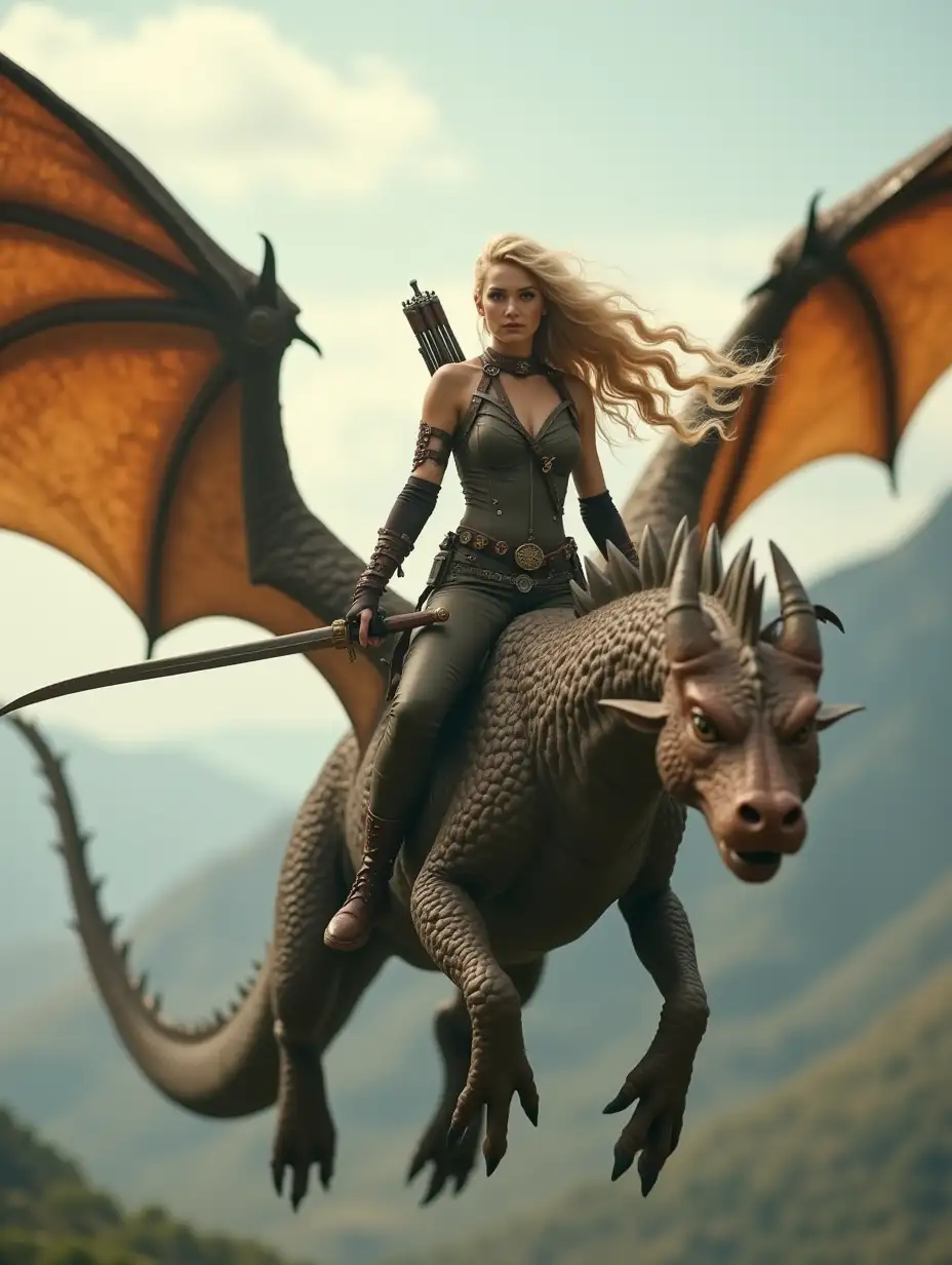 Blonde-Beauty-Riding-a-Flying-Dragon-in-Steampunk-Attire-with-Sword-and-Bow