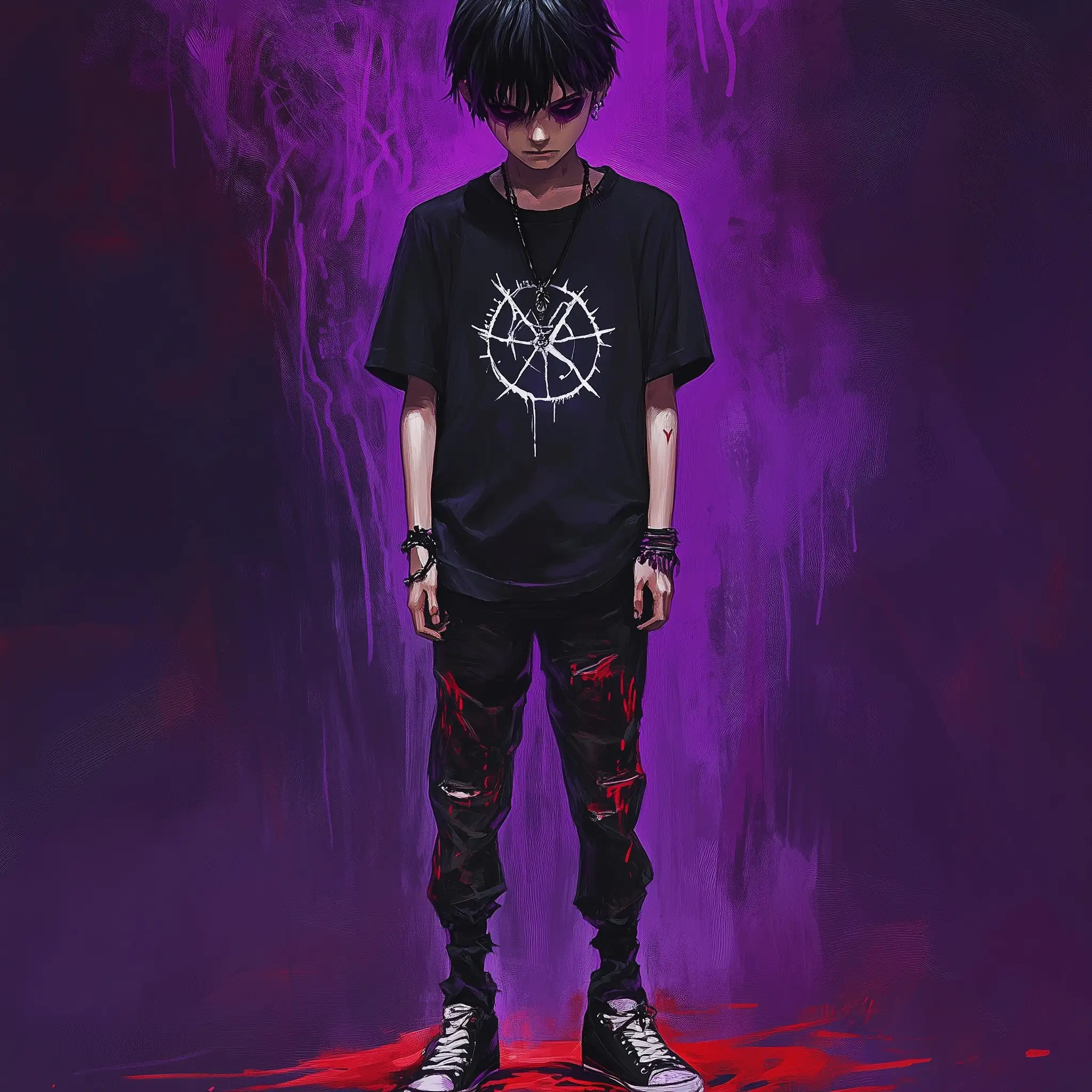 Gloomy-Teenage-Boy-with-Occult-Symbols-Tshirt-and-Chthonic-Horror-Background