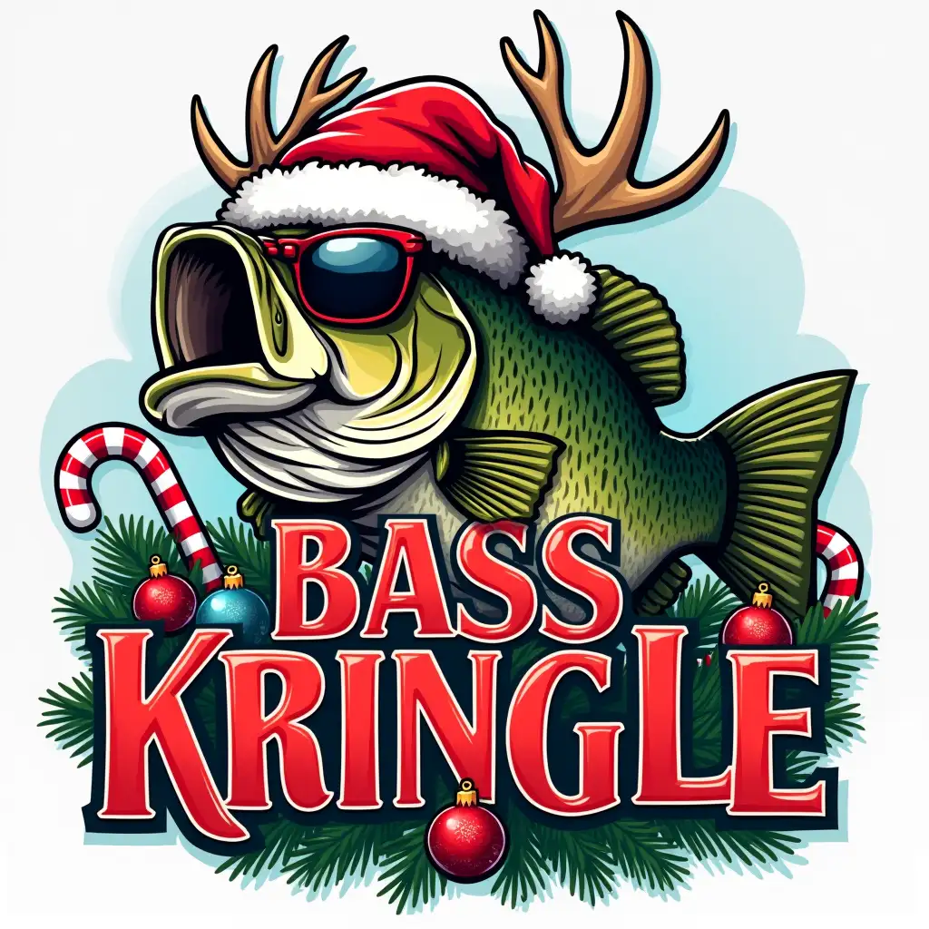 Create a festive, Christmas-themed image of a largemouth bass wearing a Santa hat and reindeer antlers. The bass should be wearing sunglasses and surrounded by Christmas ornaments and candy canes. The text 'BASS KRINGLE' should be written boldly, in a festive font.