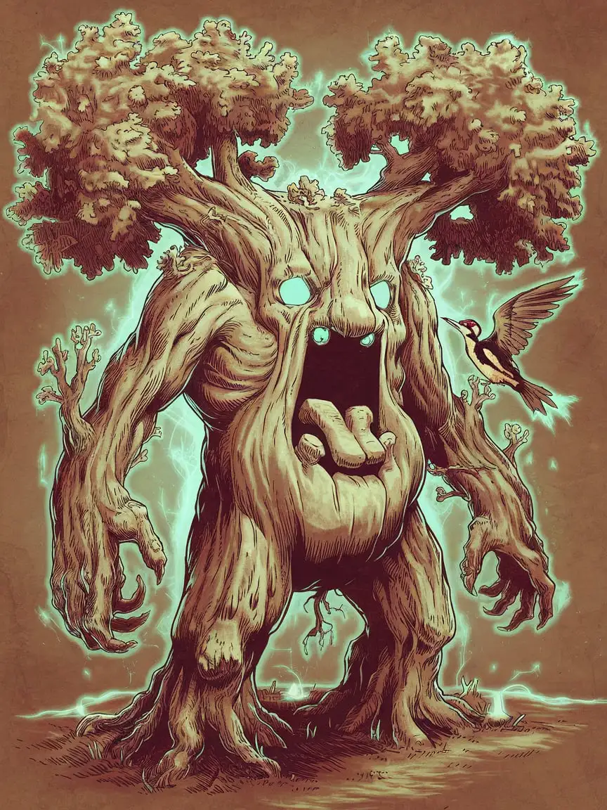 A unique illustration from a secret journal of magical drawings, a super detailed and supertetalised drawing using coloured glowing magical ink. A large mythical creature in the form of an old humanoid tree. The creature has arms-branches and legs-roots, the skin of the creature looks like the tree bark of an old oak tree. The creature does not have a head, but a large face is located directly on the torso like the trunk of an old oak tree. The creature has a large mouth with thick lips. The creature has large glowing light blue ghostly eyes. Huge oak branch-crowns grow from the creature above. The creature has an open mouth. Next to the Mythical Creature's open mouth flies a Great Woodpecker. The Woodpecker looks into the Mythical Tree Creature's open mouth. Clearly. Detailed. Highly accurate. True. Indeed. 4k. Unique. Masterful. Magical.