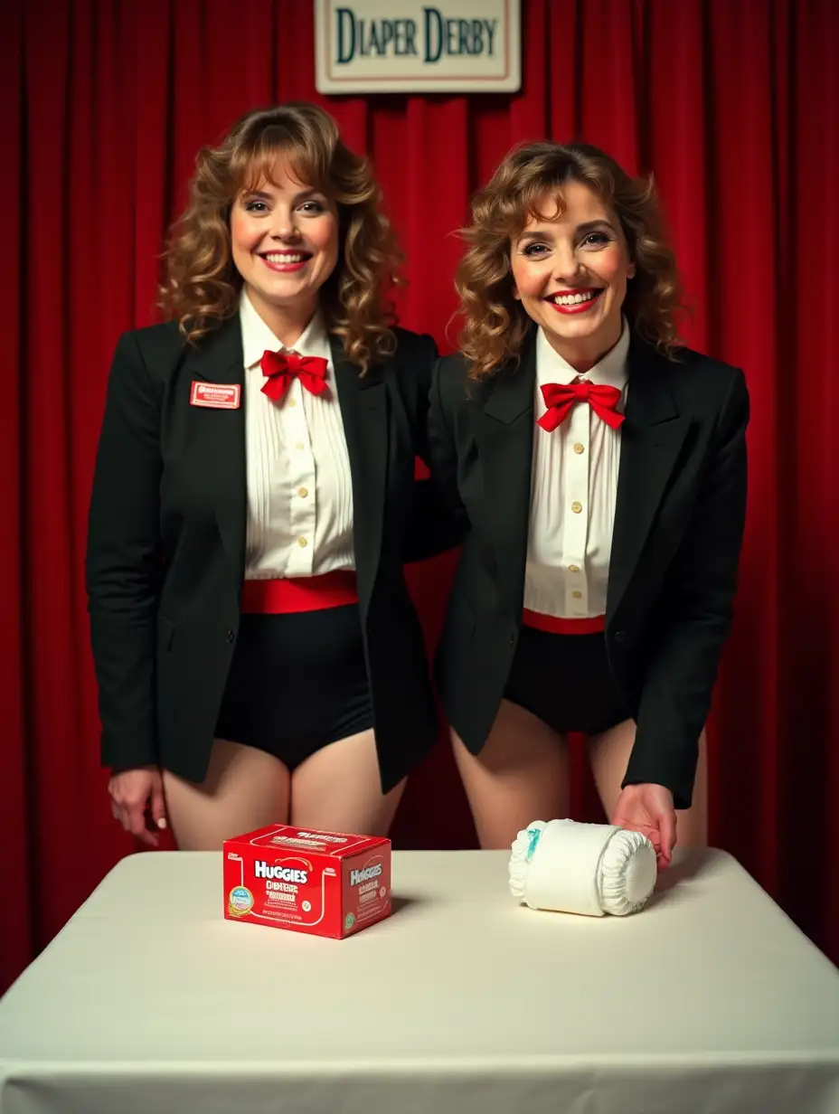 Older-Caucasian-Women-in-Formal-Tuxedo-Holding-Huggies-Diaper-on-Stage