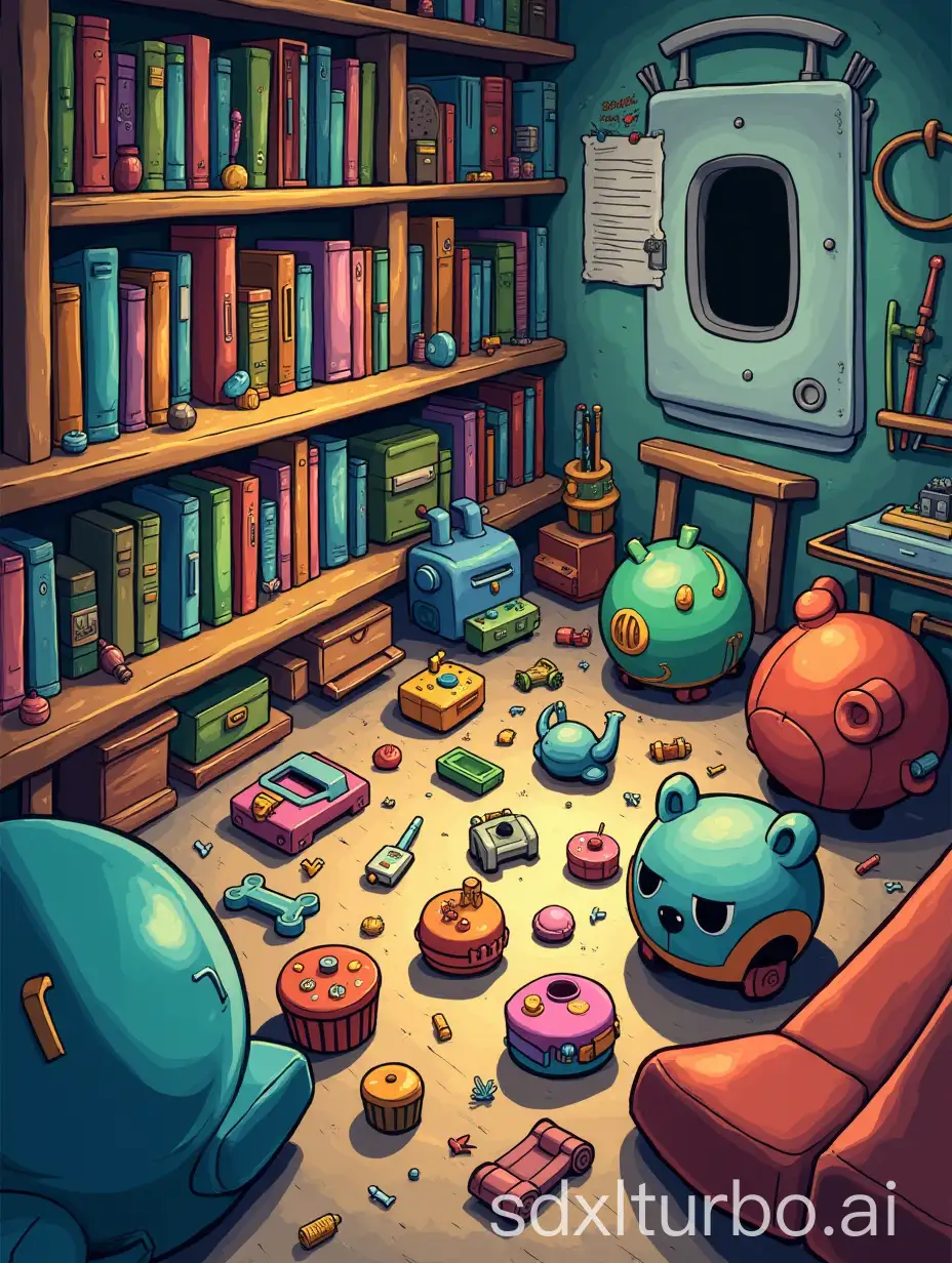 a hidden object picture with a broad spectrum of different toys in an flat shaded comic style