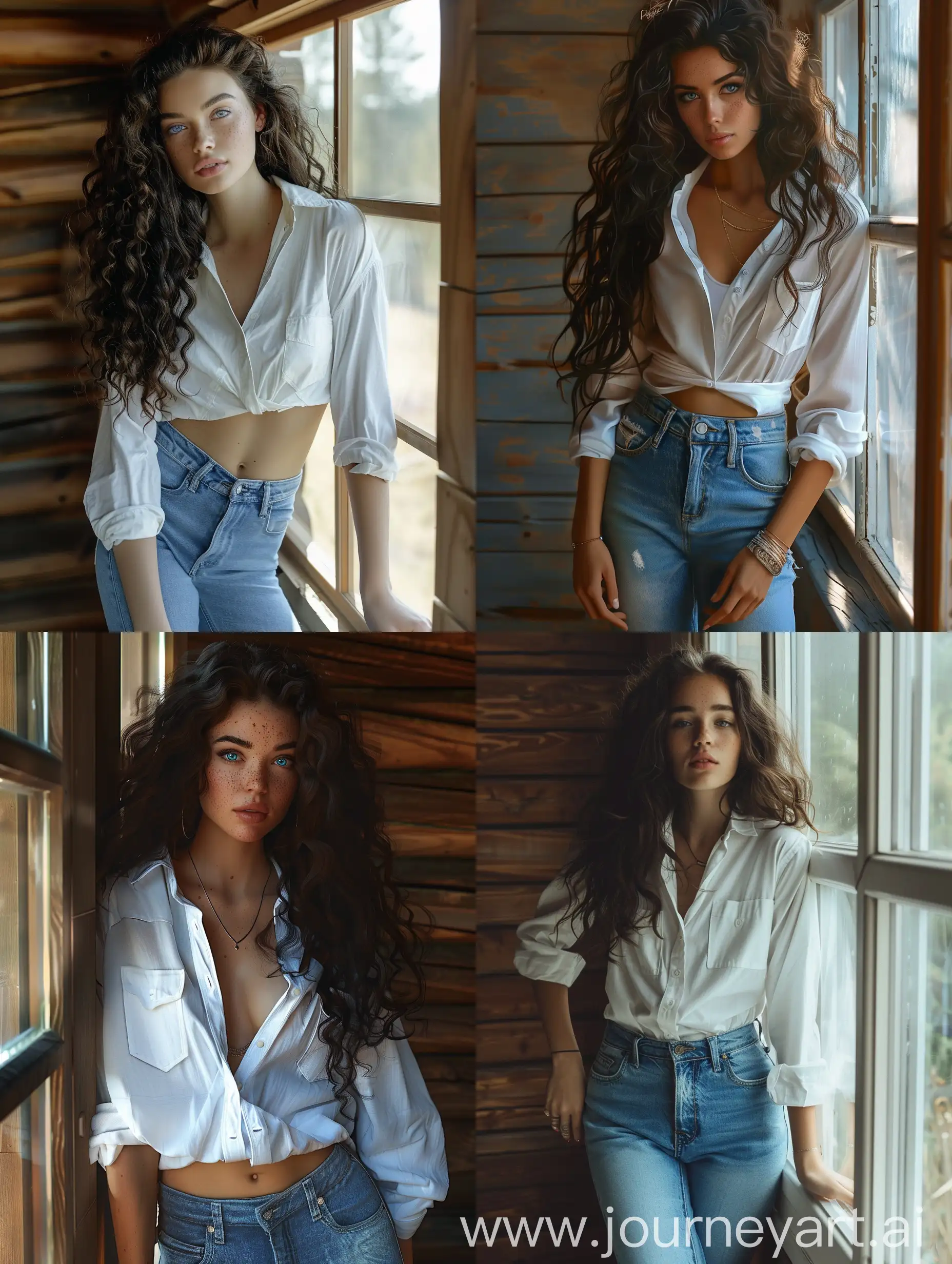 Girl-with-Dark-Curly-Hair-and-Blue-Eyes-Standing-by-Window-in-Cabin