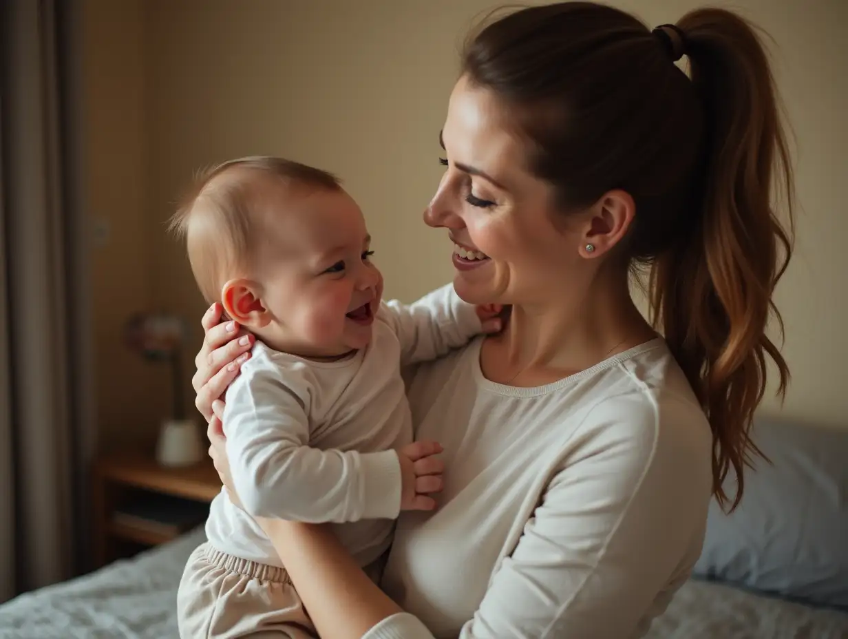 A Slavic-looking mother, around 30 years old, holds a small child (1-2 years old) in her hands. She gently presses him to herself, looks at him with love and smiles. The baby comfortably settles in her arms, slightly hugging mom. Mom's clothes are modest and modern, the room is warm and cozy, with soft light.