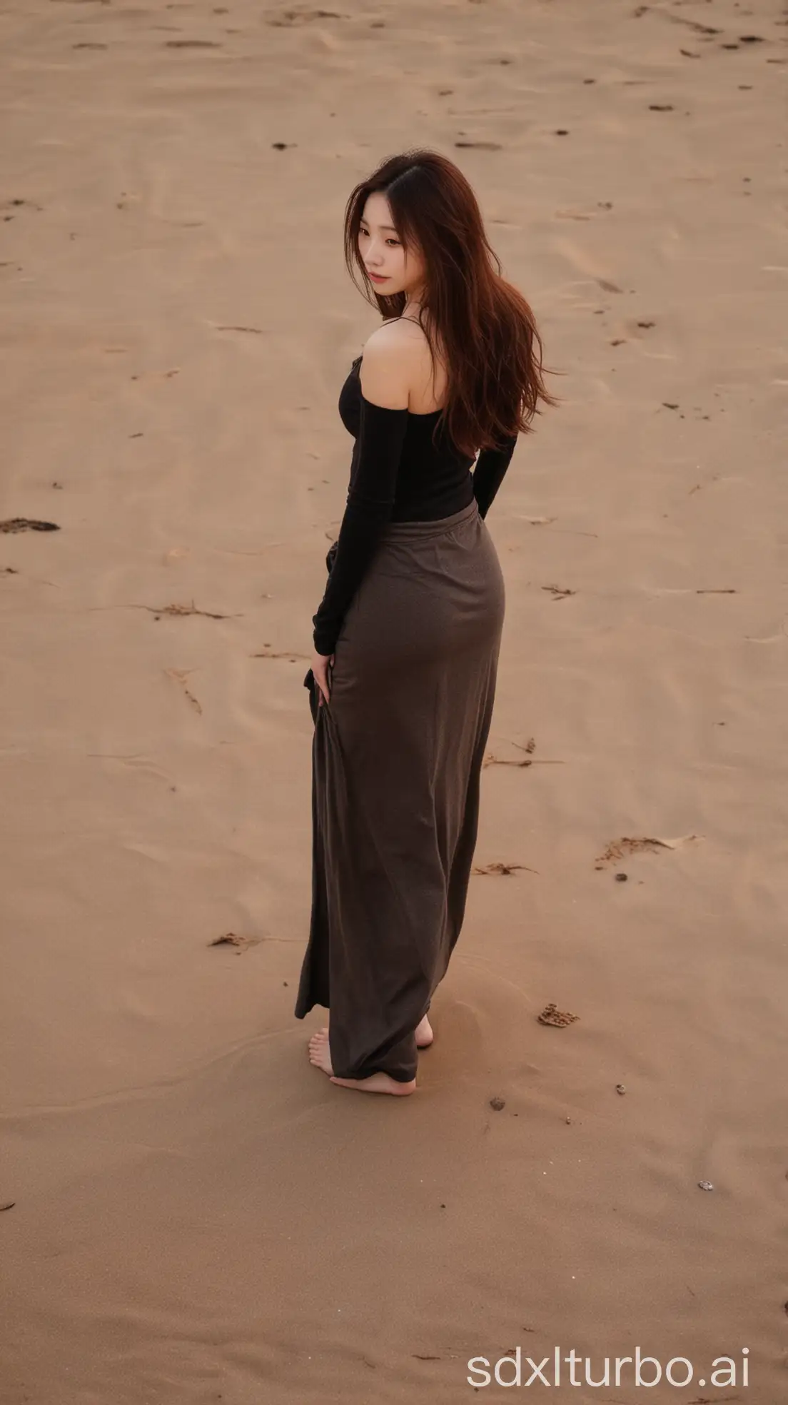 Chinese-Woman-in-Amber-Winter-Twilight-on-Beach-with-Black-Tight-TShirt-and-Long-Skirt