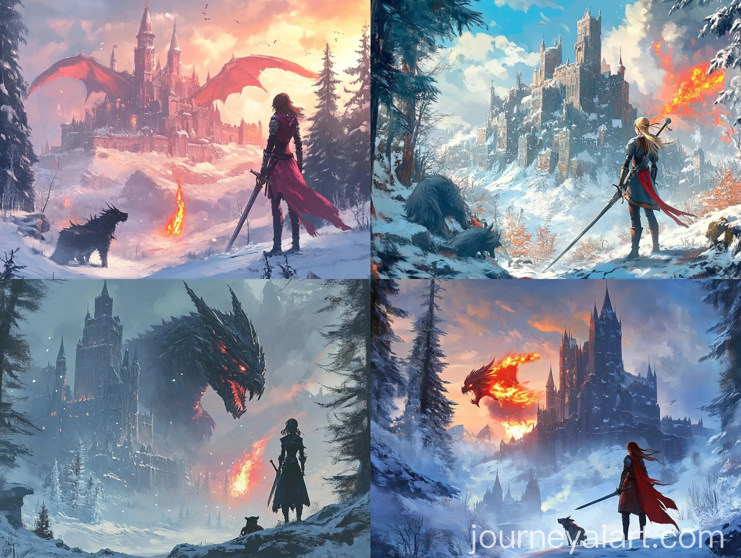 Anime-Inspired-Female-Fighter-with-Sword-and-Dragon-in-Winter-Forest