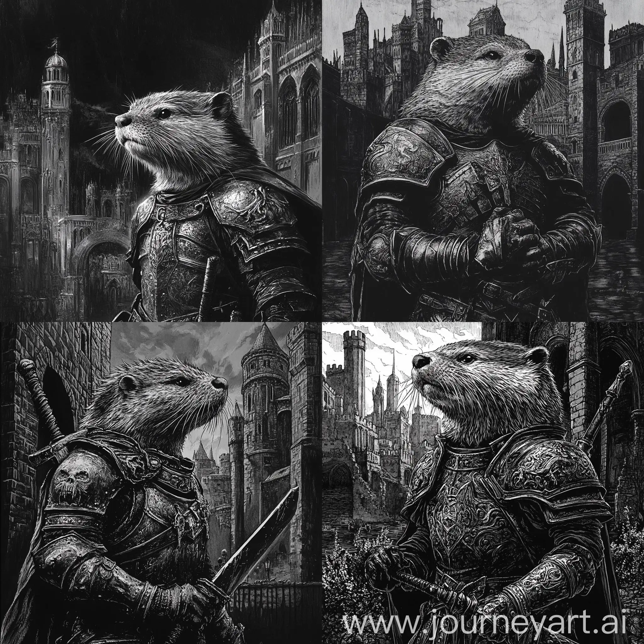 Otter-in-Armor-Amidst-Gothic-Cityscape-Stipple-Art-Style