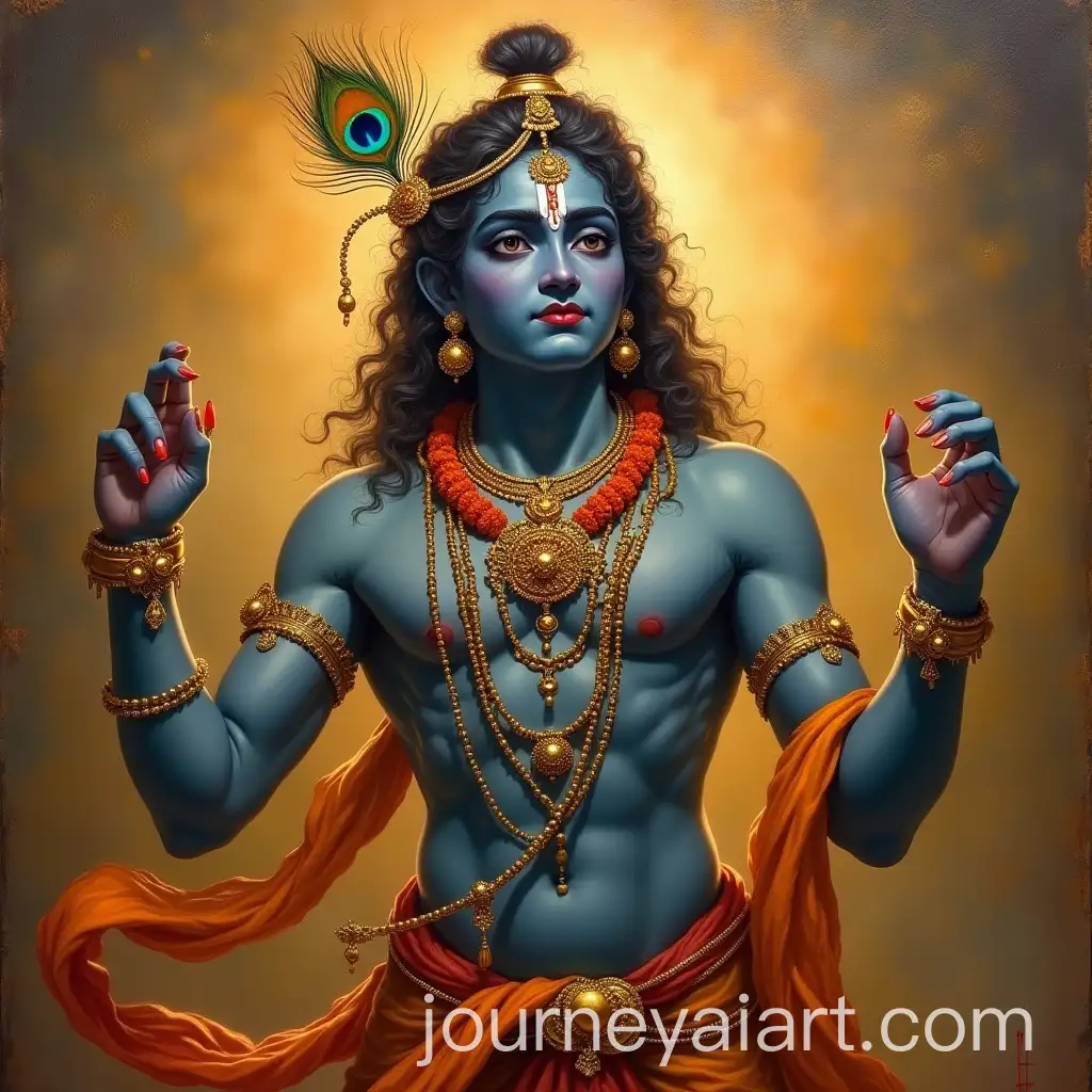 Renaissance-Style-Painting-of-Hindu-God-Krishna-with-Divine-Aura-and-Peacock-Feather