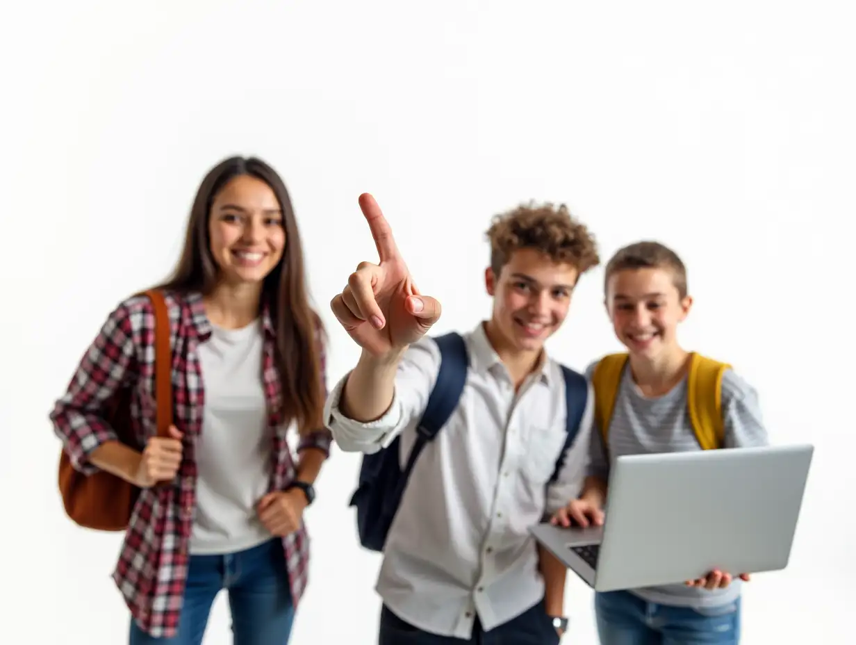 Smiling high school pupils students teenagers classmates boy girl friends in casual with bags holding using laptop computer pointing index finger at mock up screen isolated on white background