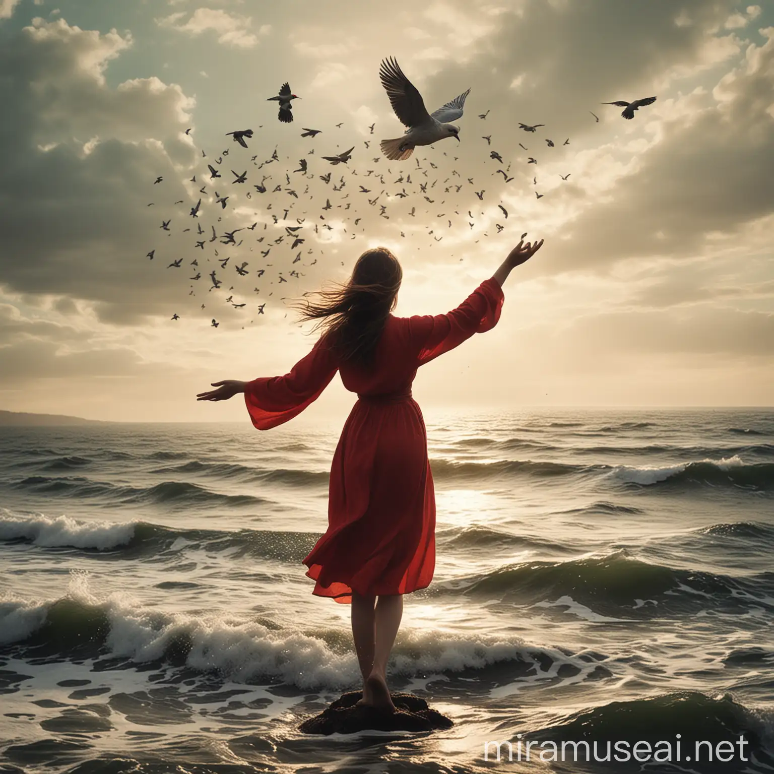 Woman Releasing Bird at Sea Symbolizing Power and Freedom