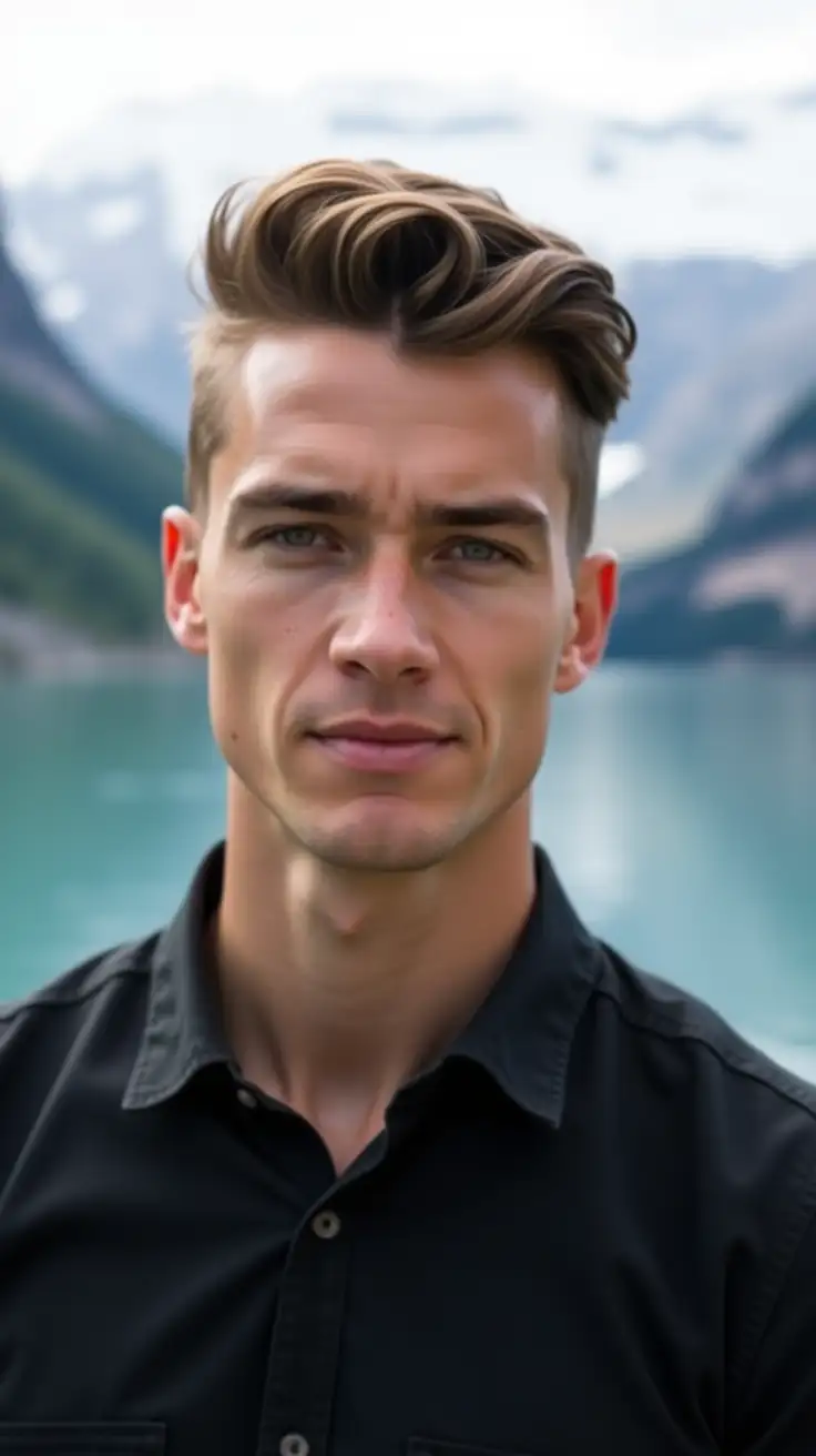 Portrait of a white young man with a serious expression on his face. he is standing in front of a beautiful landscape with a lake and mountains in the background. the man is wearing a black collared shirt and his hair is styled in a sleek, modern cut with a side part. he has a slight smile on his lips and is looking directly at the camera. the lighting is soft and natural, highlighting the man's features. the overall mood of the image is calm and serene.