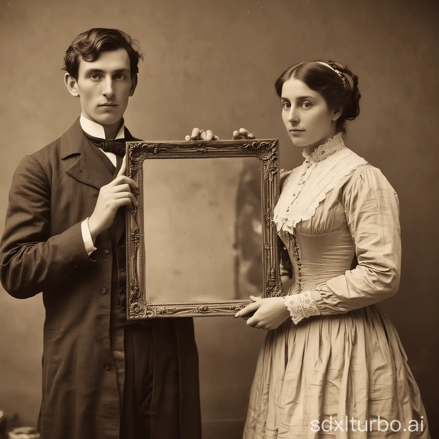 19th century photograph of two people holding a mirror in their hands