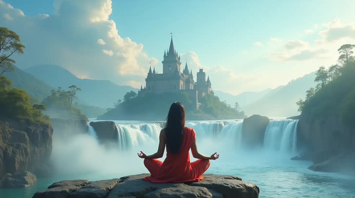 Meditating Indian Woman near Castle and Waterfall under Clear Sky