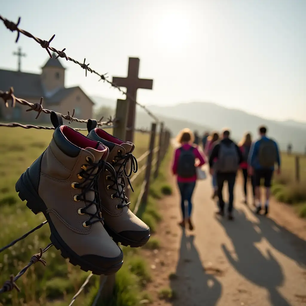 Image of a pair of hiking boots hanging on a barbed wire fence with the camino de santiago in the background with the known symbol and a cross and a small Spanish church in the background. In the distance, you see 7 pilgrims with backpacks, casually dressed, four women and 3 men of middle age. The sun is shining and there is light mist in the distance.