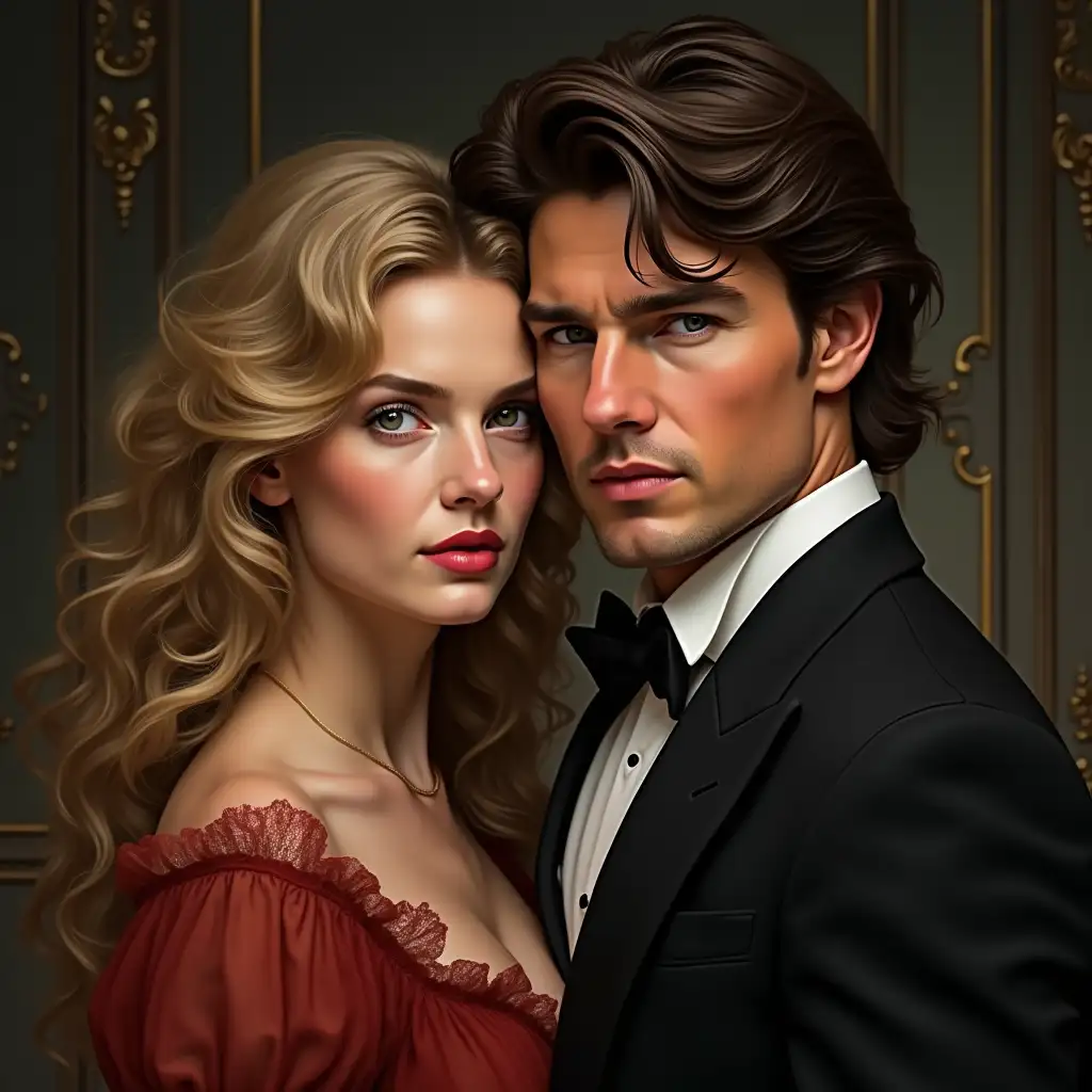 A digital art portrait: a charming young Nicole Kidman with long curly blond hair embraces handsome young Tom Cruise. She is a little taller than him. Against a mysterious background. Close-up. Victorian style, Both looking at the camera, the smallest details, realistic hand drawing, masterpiece