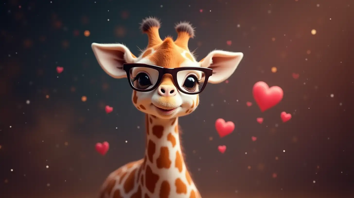 Adorable Baby Giraffe with Glasses Surrounded by Hearts in Outer Space