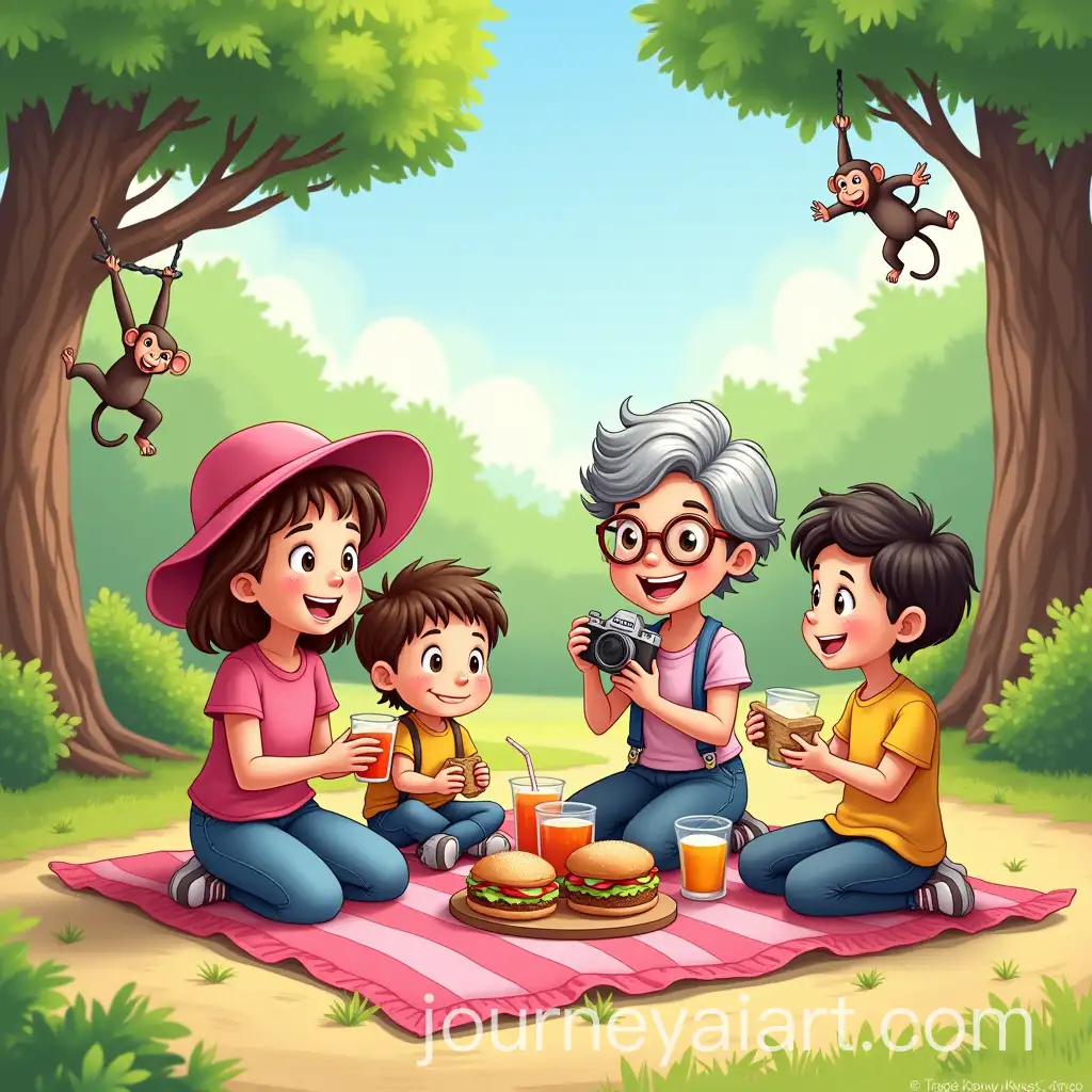 Family-Picnic-at-the-Zoo-with-Monkeys-Playing