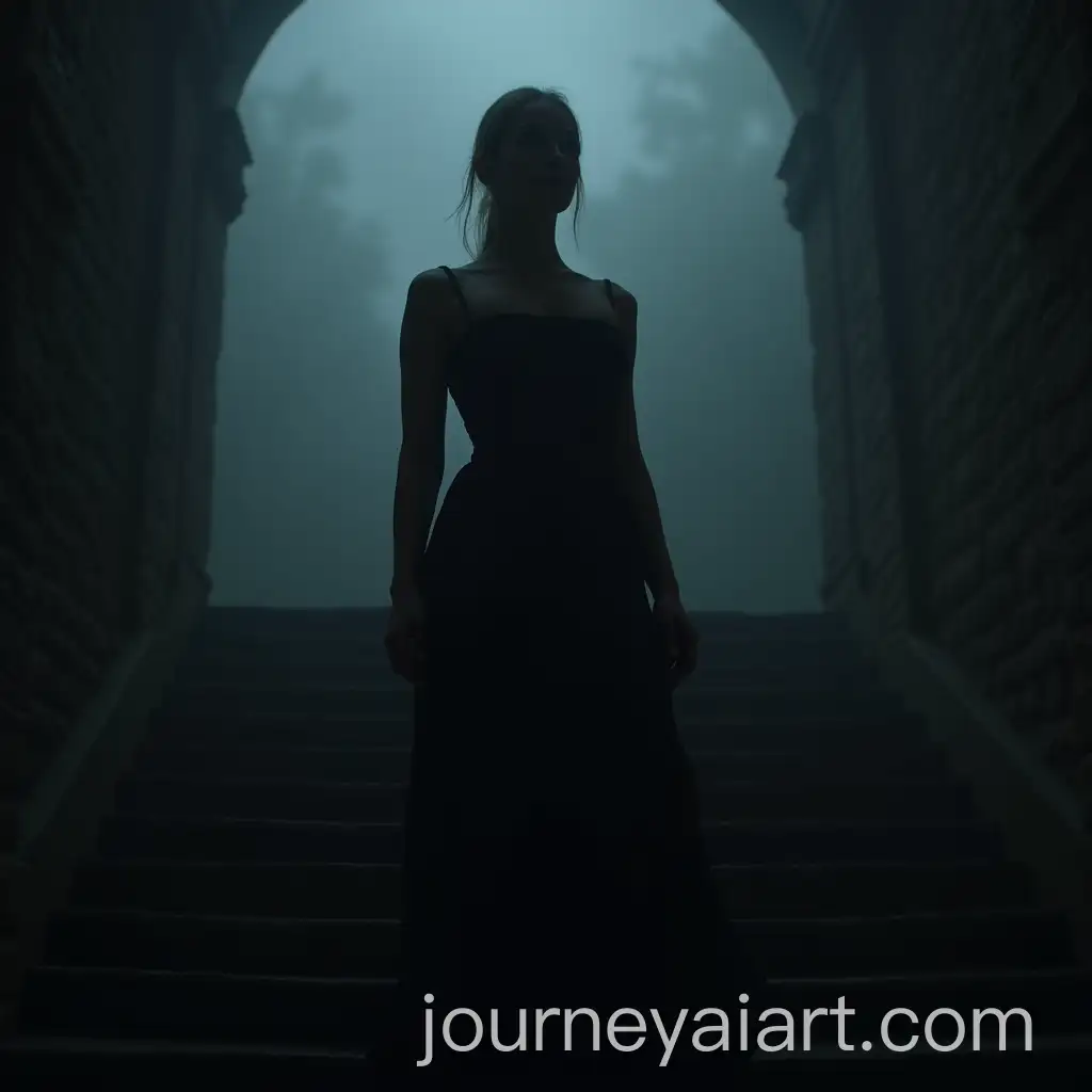 Elegant-Woman-in-a-Black-Ball-Dress-at-a-Foggy-Castle-Staircase