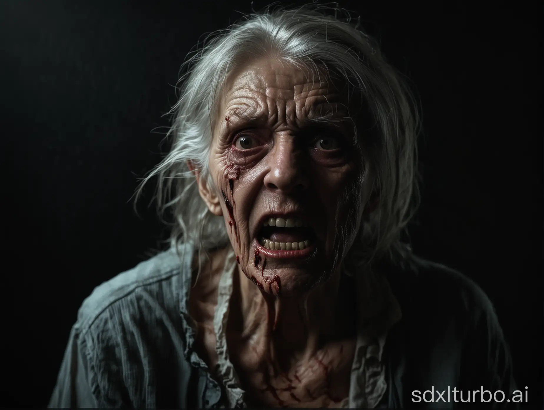 Create a wide picture, high definition, image of a dark background. The image must be photorealistic, scary, show an older woman scared with a light match, very scared, bloody face, dimly lit, medium shot, alone, atmospheric, dark, scary, vivid colors, cinematic, catchy, must pop and catch attention, wide shot. Not a monster, no monstrous faces.