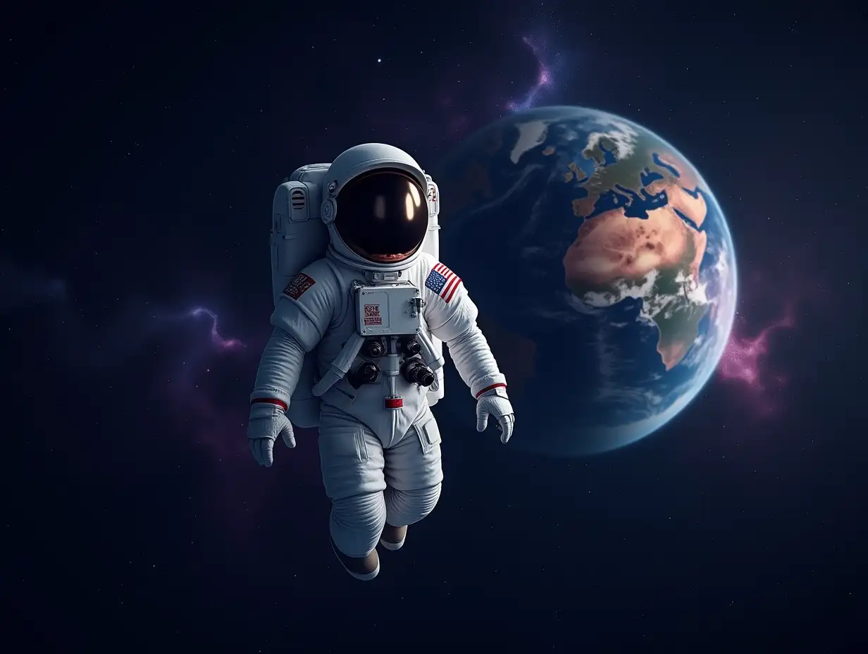 An astronaut in a white and reflective spacesuit floats peacefully in the vastness of space. The astronaut is surrounded by the infinite dark expanse, with distant stars twinkling all around. In the background, Earth is visible in the distance, glowing with vibrant blues and greens. Nebulae in shades of purple, pink, and blue swirl nearby, creating a colorful cosmic environment. The astronaut's helmet reflects some of the surrounding stars, adding a sense of tranquility and awe to the scene.