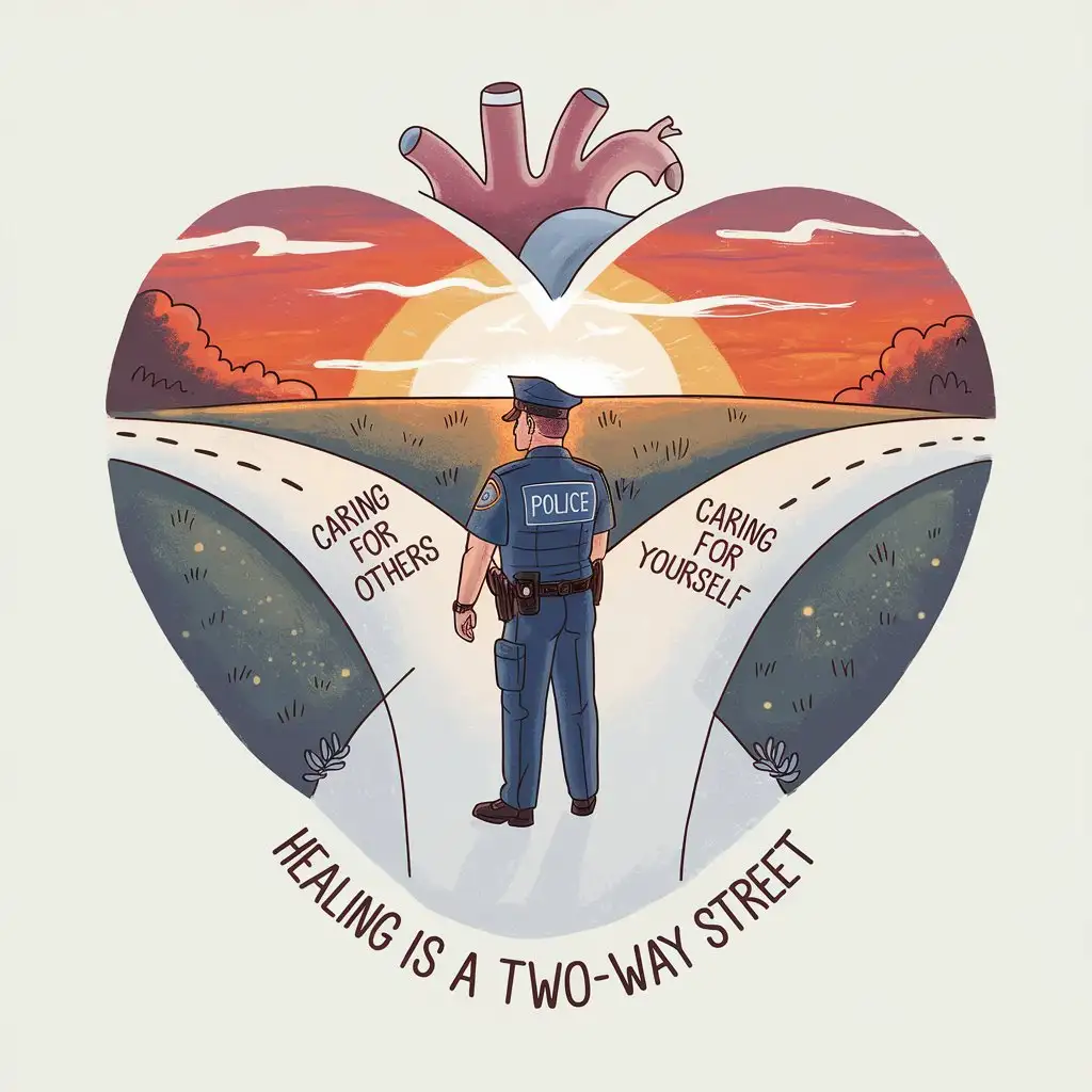 HeartCentered Police Officer at Crossroads of Care Sunset Illustration