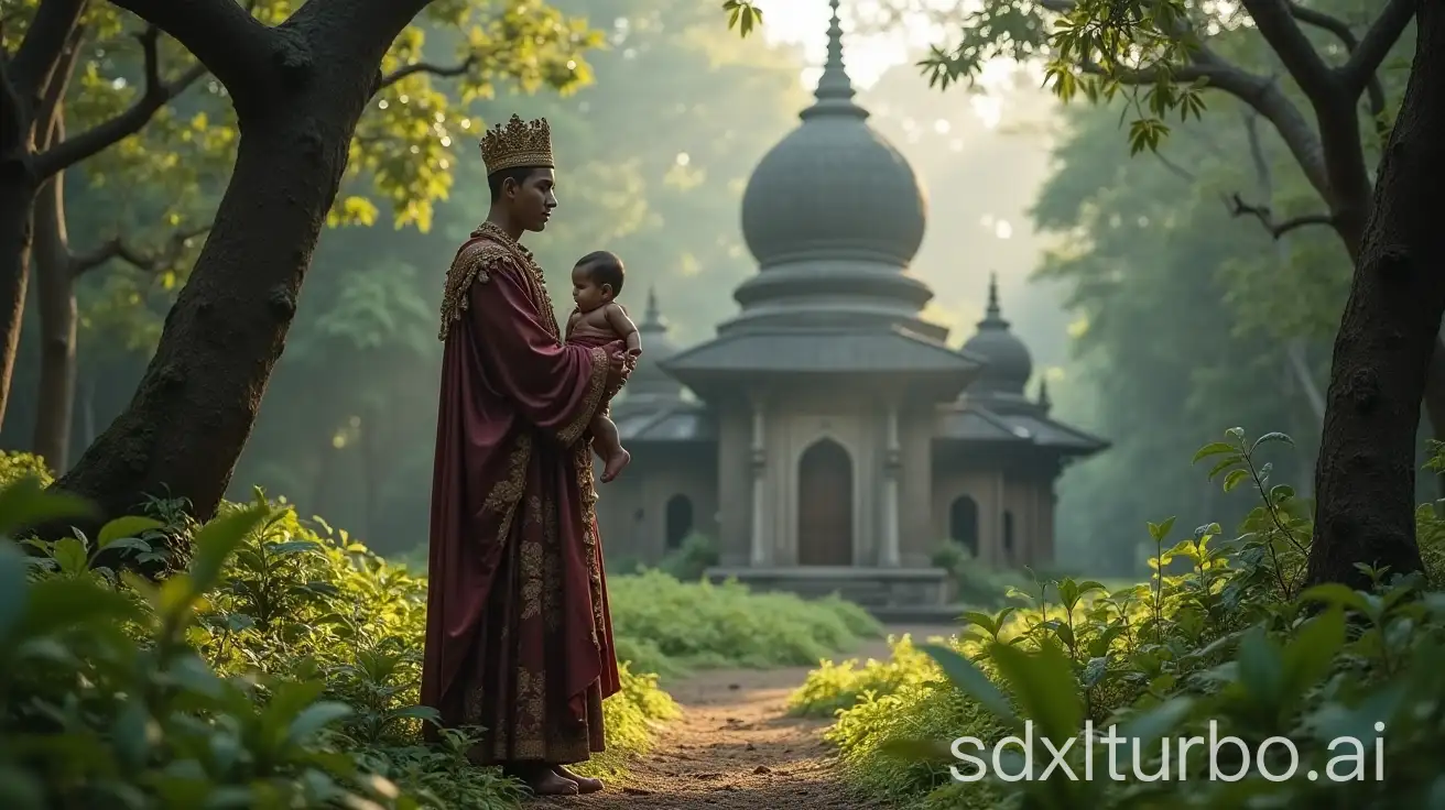 Ancient-Javanese-Prince-Betoambari-Holding-a-Baby-Sangariarana-in-a-Forest-Mosque-Setting