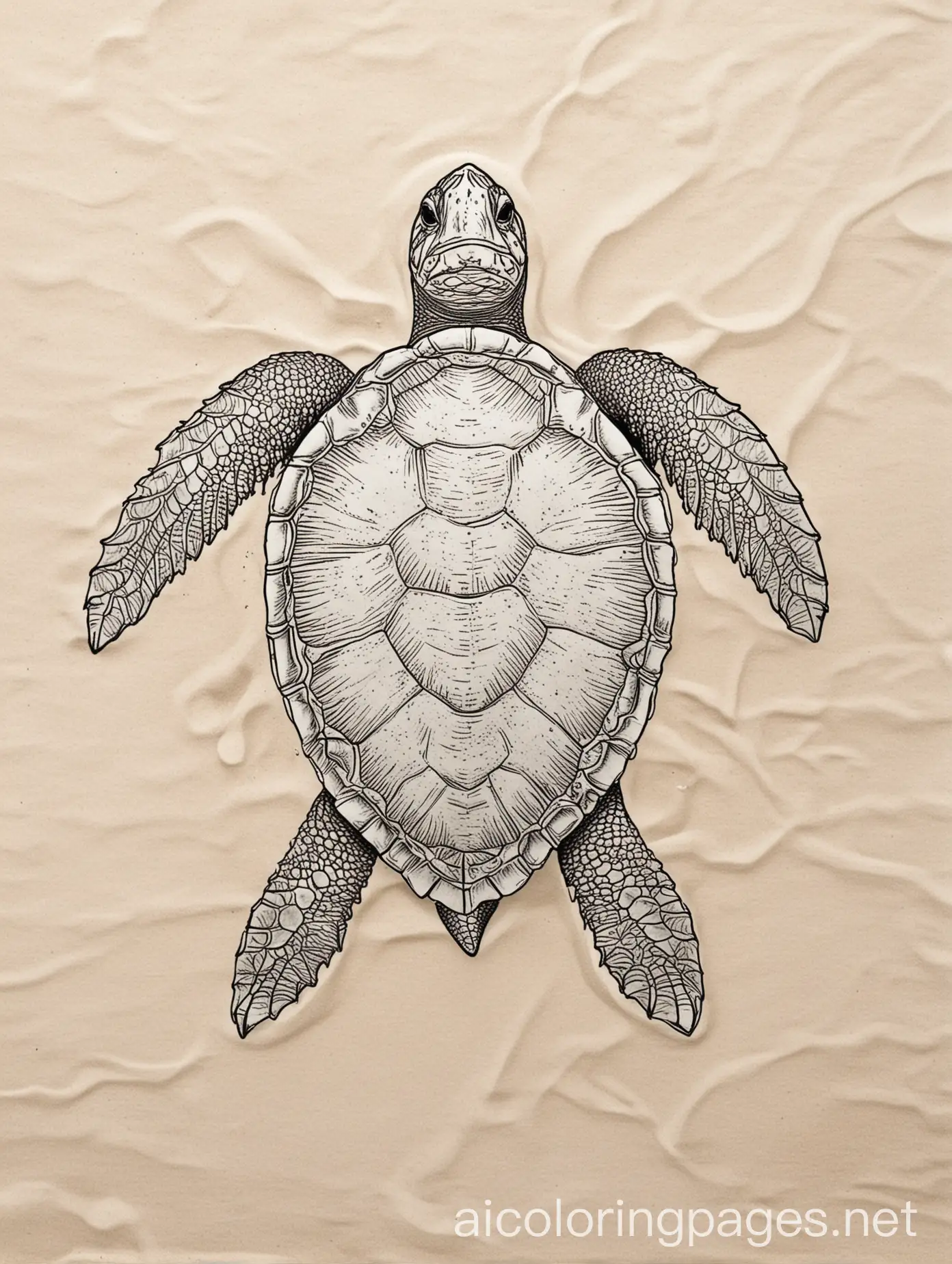 detailed black outline of a sea turtle from a overhead view on a sandy beach, Coloring Page, black and white, line art, white background, Simplicity, Ample White Space. The background of the coloring page is plain white to make it easy for young children to color within the lines. The outlines of all the subjects are easy to distinguish, making it simple for kids to color without too much difficulty