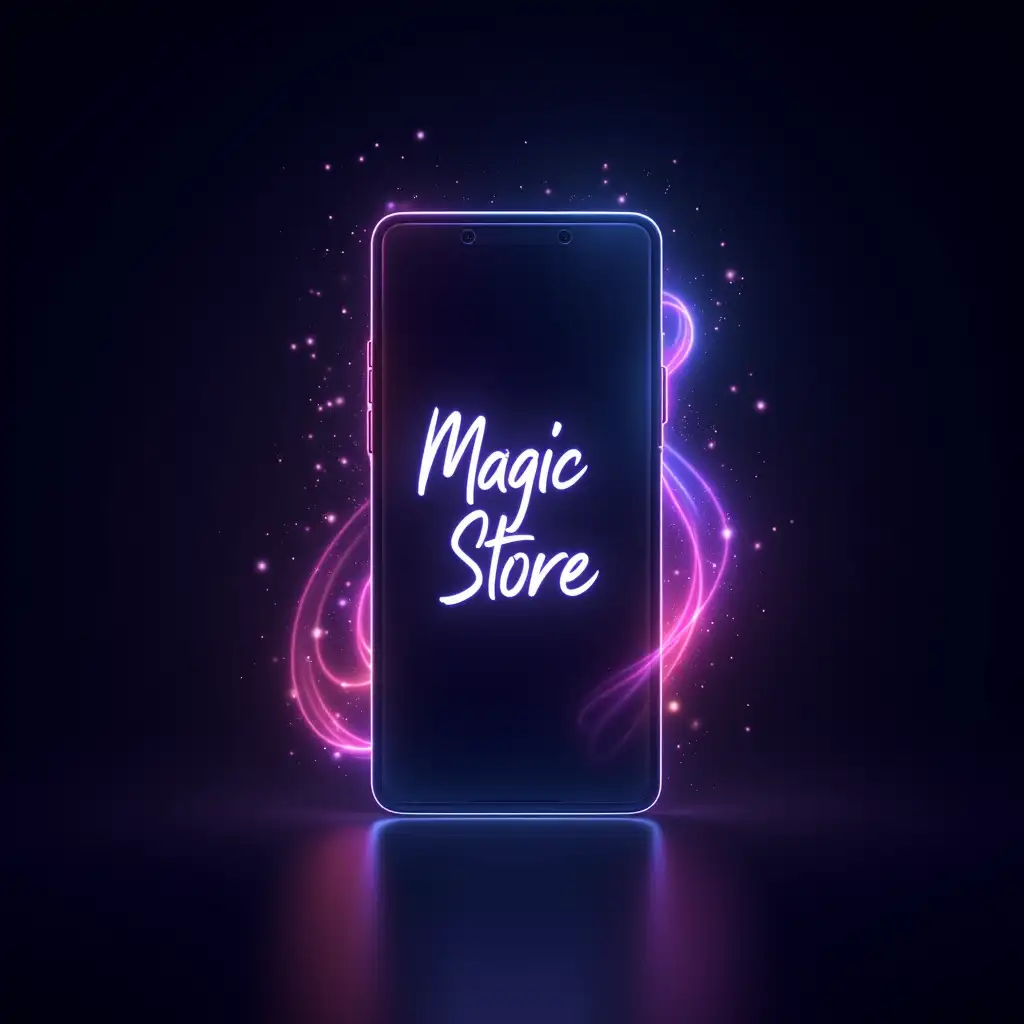 Futuristic-Smartphone-with-Neon-Magic-Store-Logo-Surrounded-by-Ethereal-Light-Trails