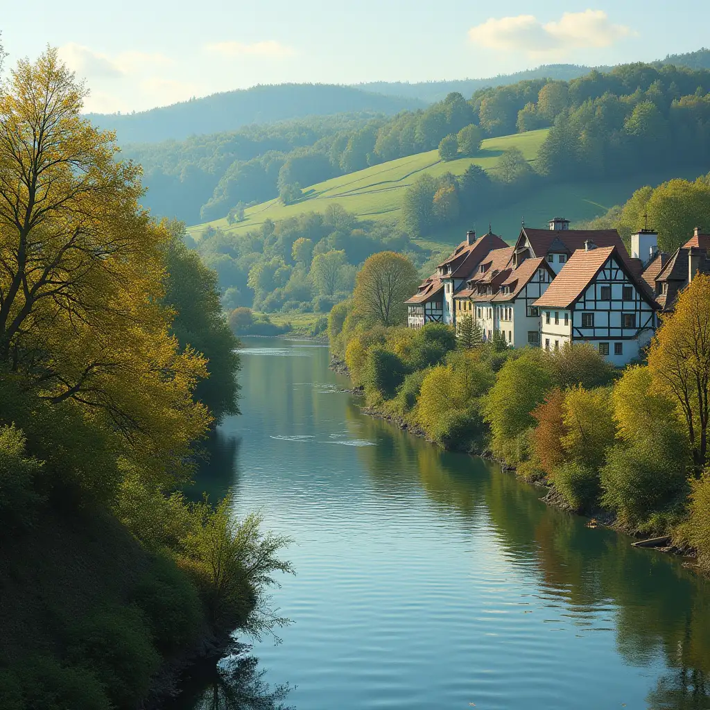 Scenic River Landscape with Village and Orchard