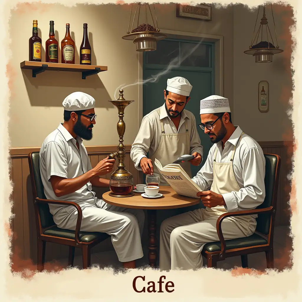 user_prompt: On the image is depicted a scene, typical for an eastern cafe. In the center of the composition sits a man in glasses who reads a newspaper. To the left of him another man in a white hat and apron pours tea from a big teapot. To the right of the reading man there is another man in dark glasses smoking a hookah. In the left upper corner on a shelf stand bottles with alcoholic beverages, which contrasts with the general atmosphere of this place where usually served tea and coffee. The inscription at the bottom of the page in Russian says 'Cafe', and at the top in Arabic 'قهوة شاطر'. This image conveys a cozy and relaxed atmosphere of an eastern cafe, where visitors can spend time reading a newspaper, chatting or enjoying the taste of traditional