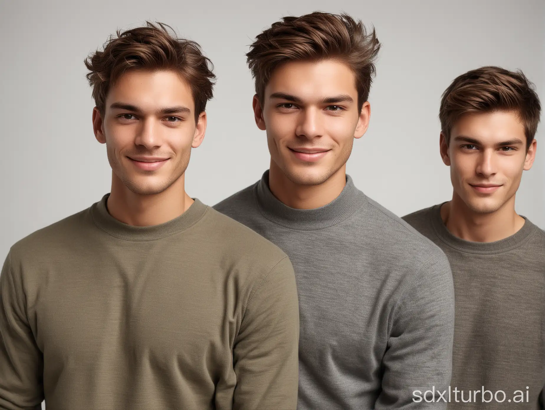 Create an image of three male models in a studio setting. The central figure should have short brown hair, with two others flanking him, one smiling and the other looking serious. Keep the background plain white.