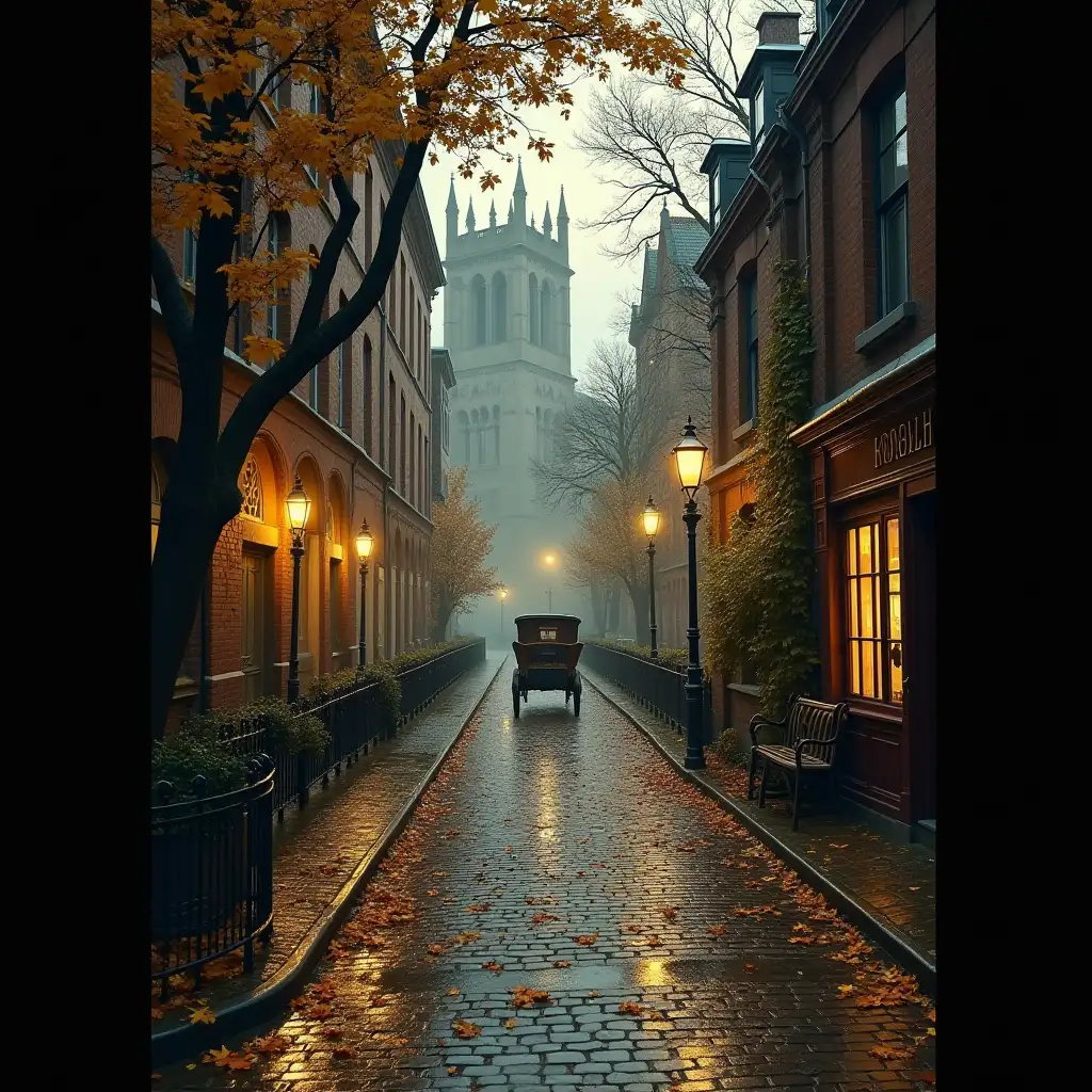 a nostalgic photograph of an autumnal urban scene in a realistic style, in a classic European setting, with cobbled streets wet with rain. The backdrop features a sloping street lined with old brick and stone buildings, with illuminated windows that create a cozy atmosphere. Trees in shades of fall, with yellow, orange and brown leaves, frame the scene, while a few fallen leaves litter the ground. In the background, a Gothic-style cathedral or castle stands out, with imposing towers and intricate architectural details. Old street lamps emit a warm light, which reflects off the puddles on the sidewalk. The fine rain adds an element of melancholy and tranquillity, while a vintage carriage or vehicle appears in the distance, reinforcing the nostalgic and charming atmosphere.