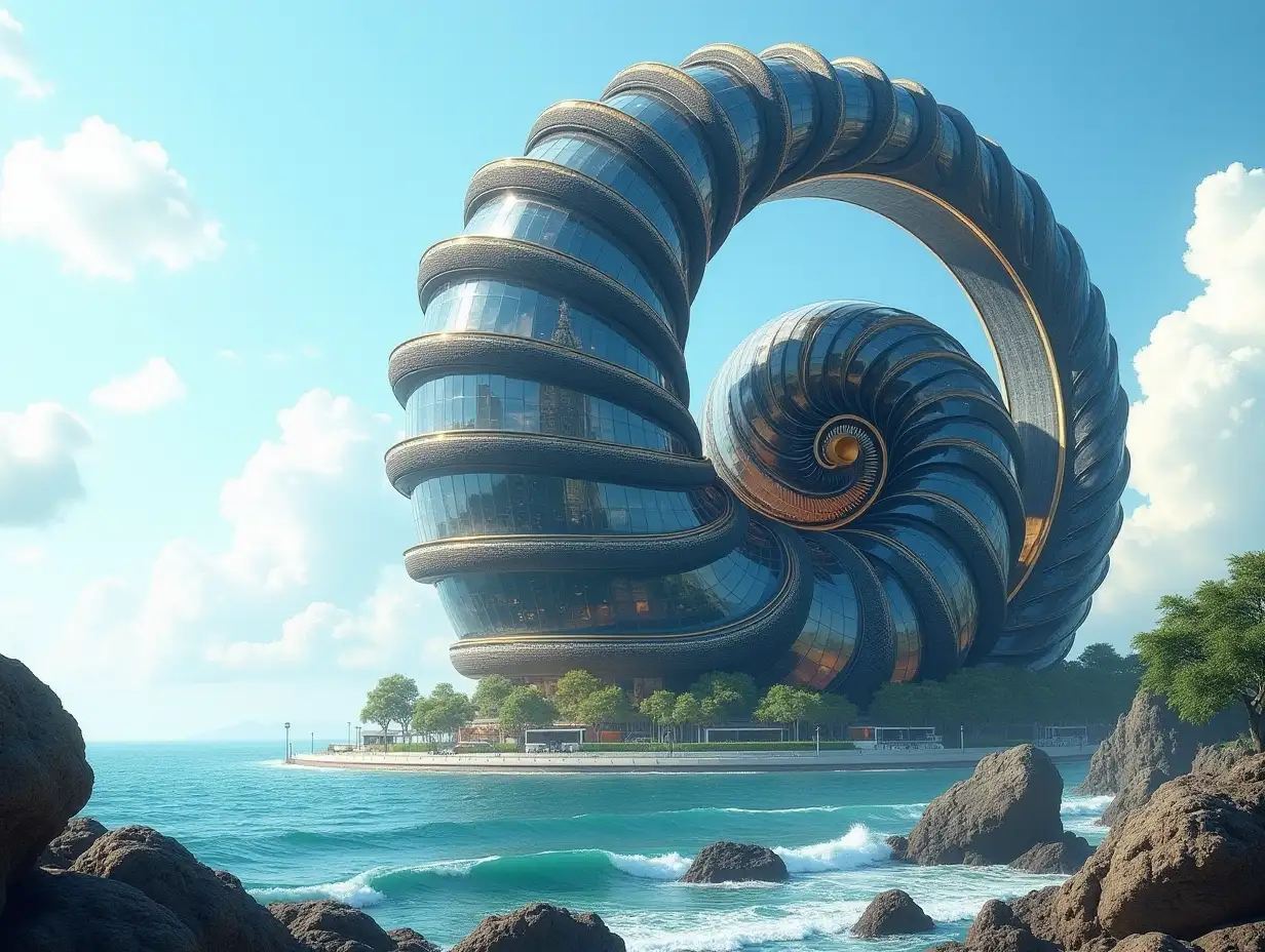 Create a high-resolution, realistic image of a very tall futuristic building with windows twisted like a snail shell with black and gold facades with sea with very large waves, big trees, rocks blue sky