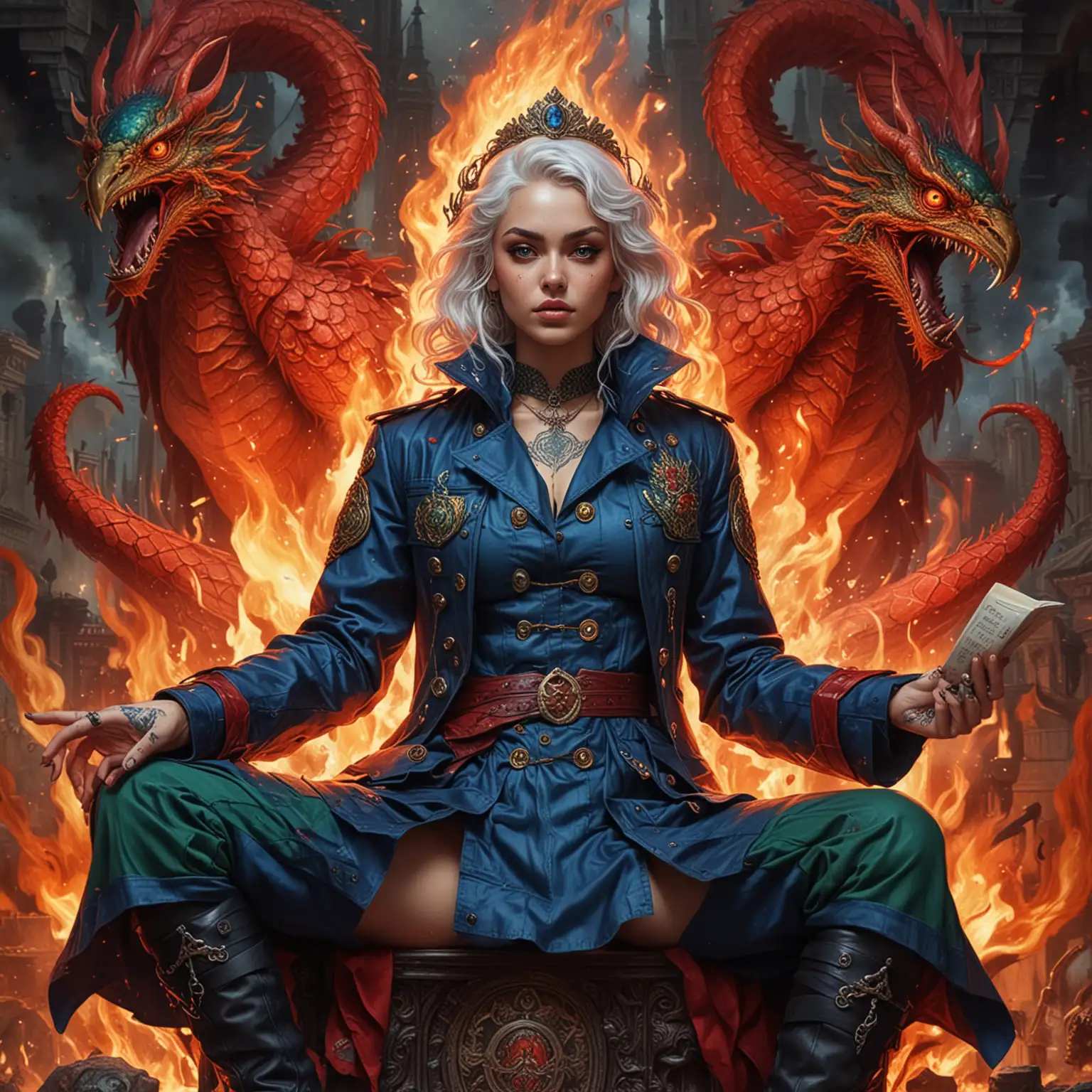 Adolescent Goddess Empress in Command Surrounded by Fire and Dragons