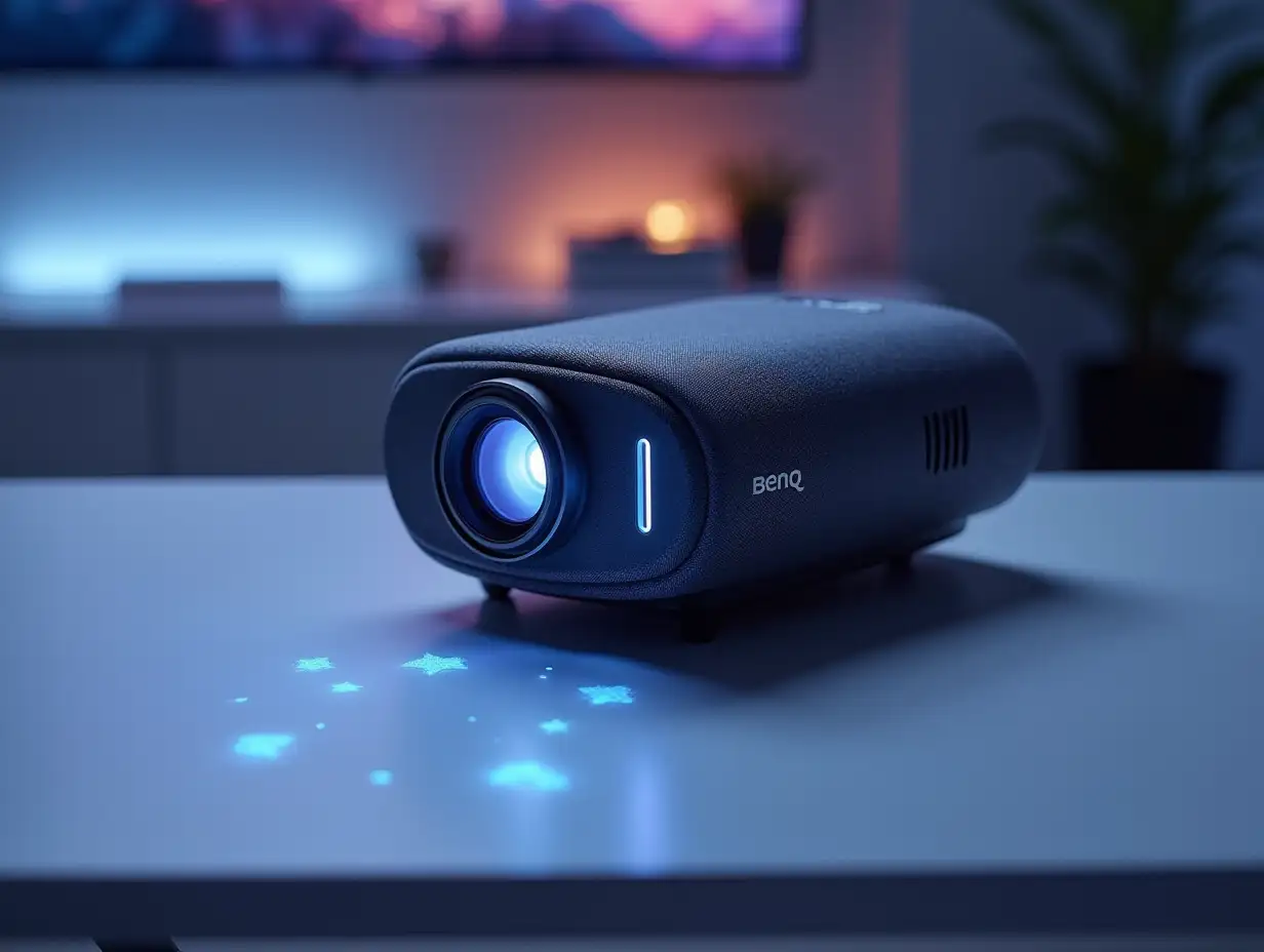 A detailed close-up of the BenQ GV10 portable projector, showcasing its cylindrical design with a fabric-wrapped exterior and glowing lens. The image highlights the adjustable stand in action, set on a sleek, minimalist desk with soft ambient lighting. The scene incorporates subtle futuristic elements, such as holographic accents on the table surface, creating a blend of modern design and advanced technology.