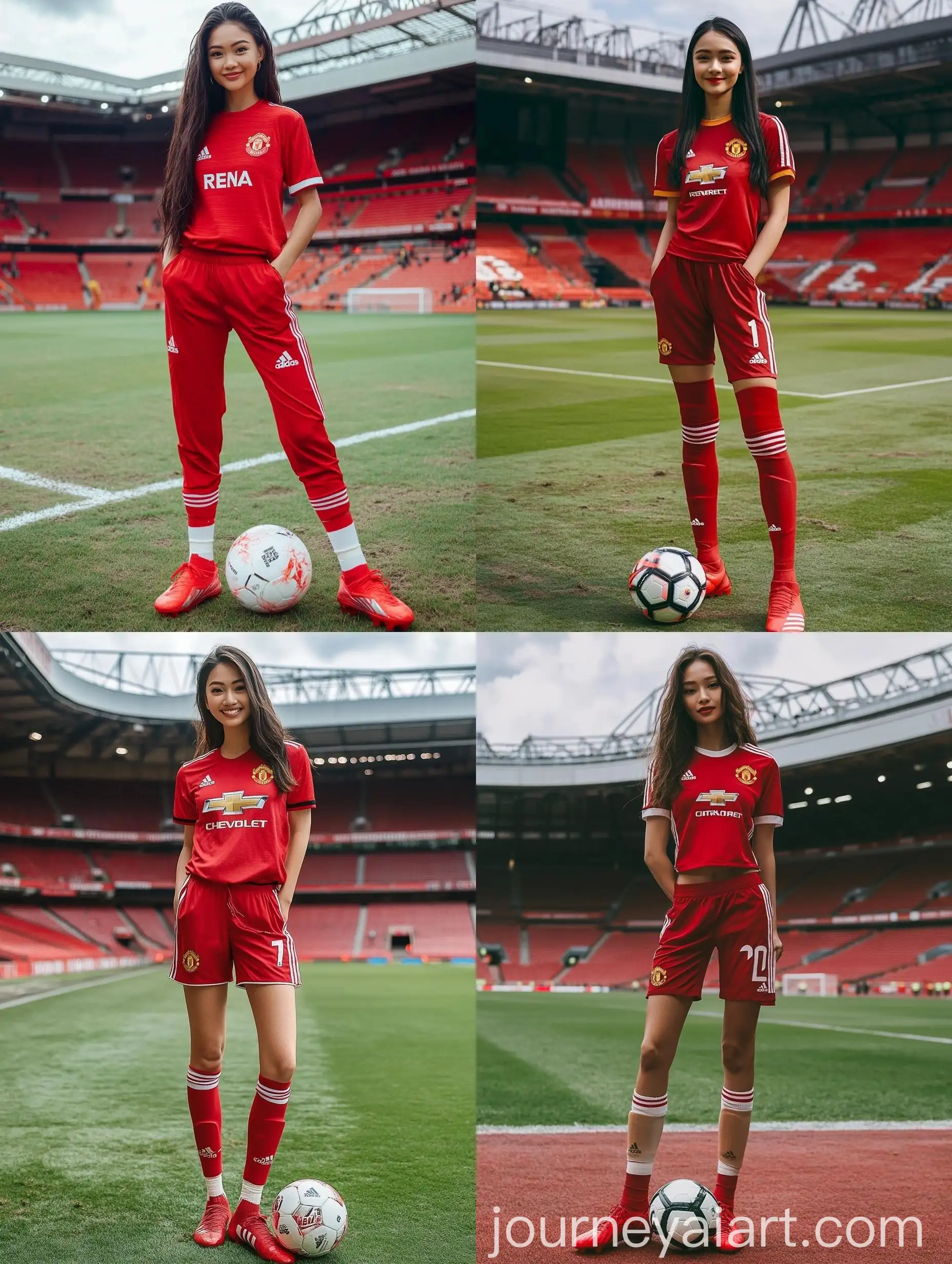 Smiling-Indonesian-Woman-Poses-with-Soccer-Ball-at-Old-Trafford-Stadium