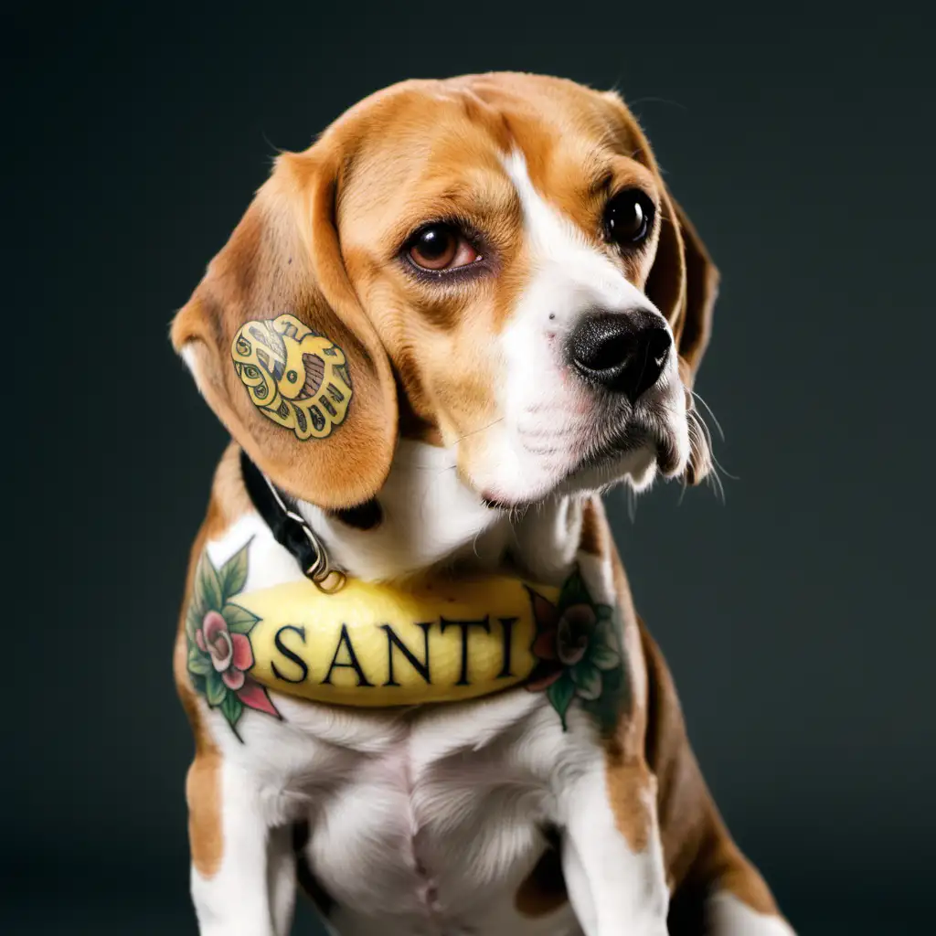 Beagle Lemon with a tattoo saying Santi on the chest