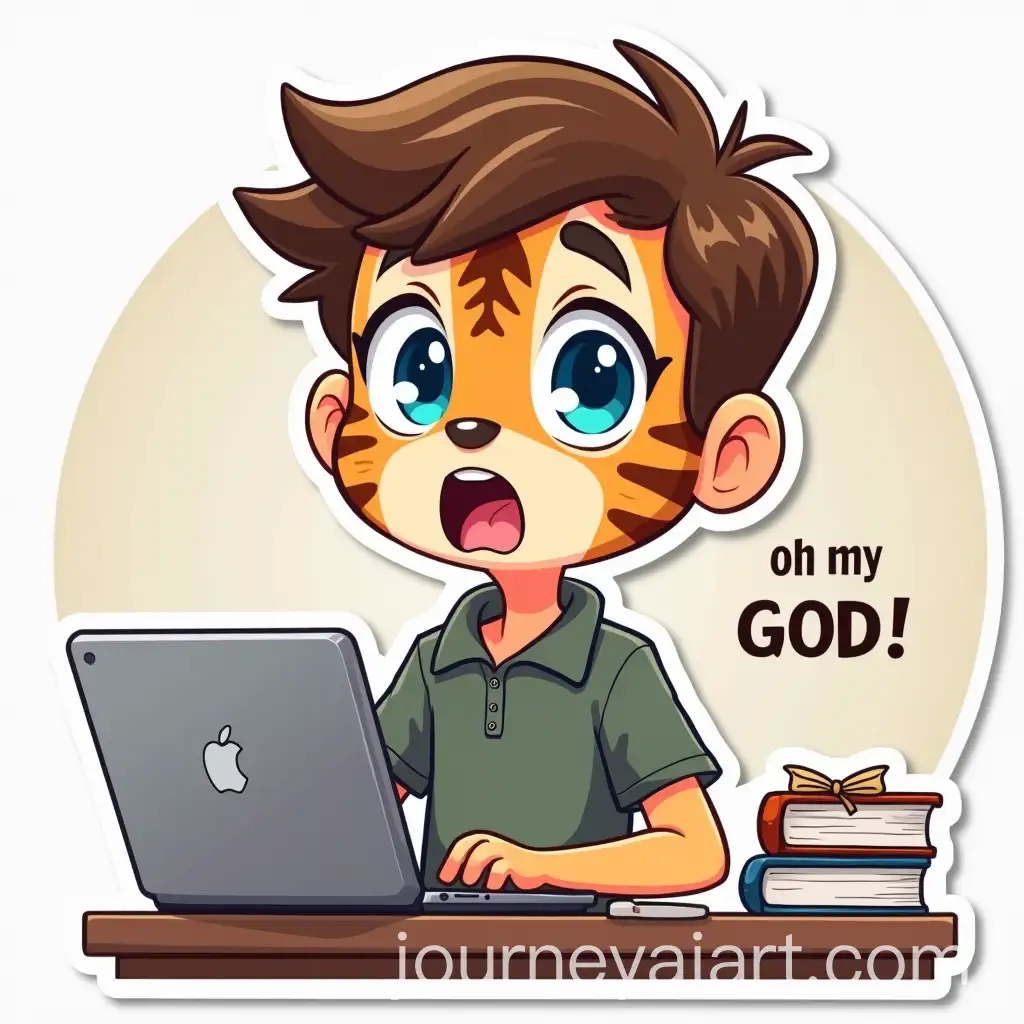 Cartoon-Boy-with-Surprised-Face-in-Tiger-Makeup-at-Desk-with-Laptop-and-Books