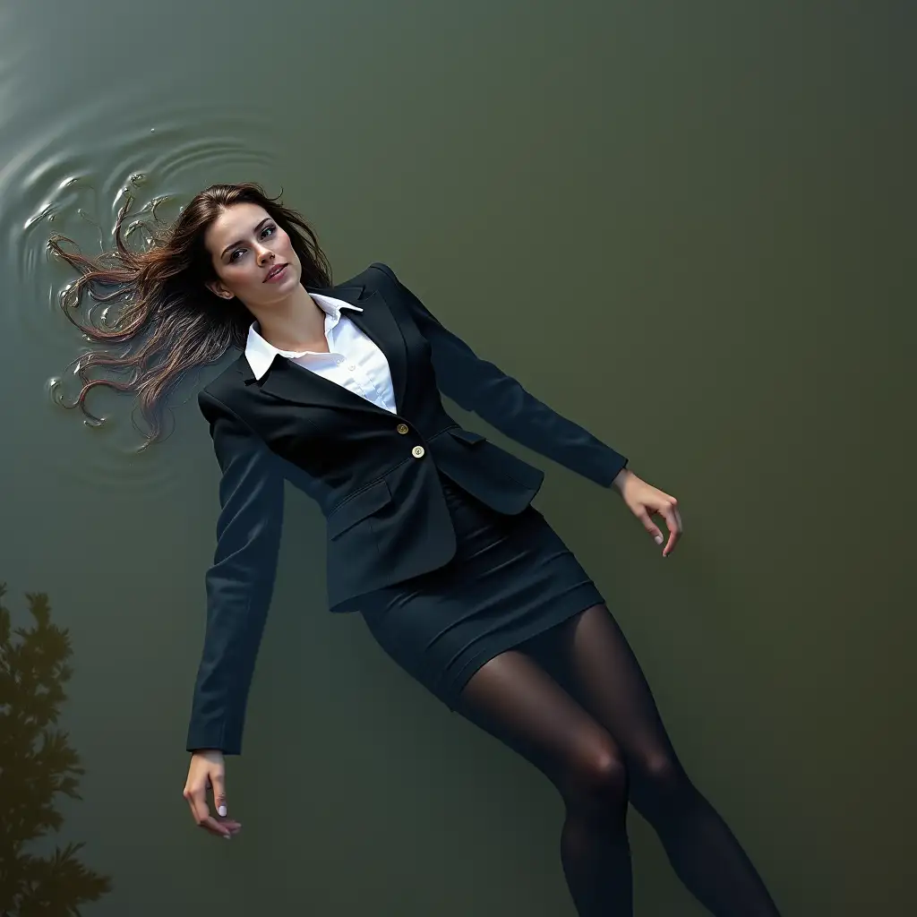 A girl in a business suit, with a skirt, jacket, blouse, dark tights, high-heeled shoes. Swims in a dirty pond, clothes are wet, underwater, lies in the water, wet clothes stick to the body, immersion in water