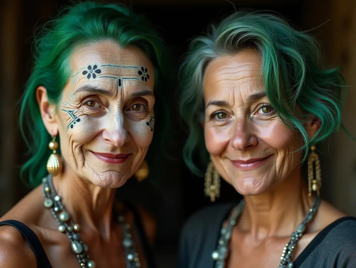 Two young black and white pattern Older women with Alien face, with green hair, with a slight smile on their faces, highlighting their smiles, modern retro jewelry, in a temple much gold different shades 4k